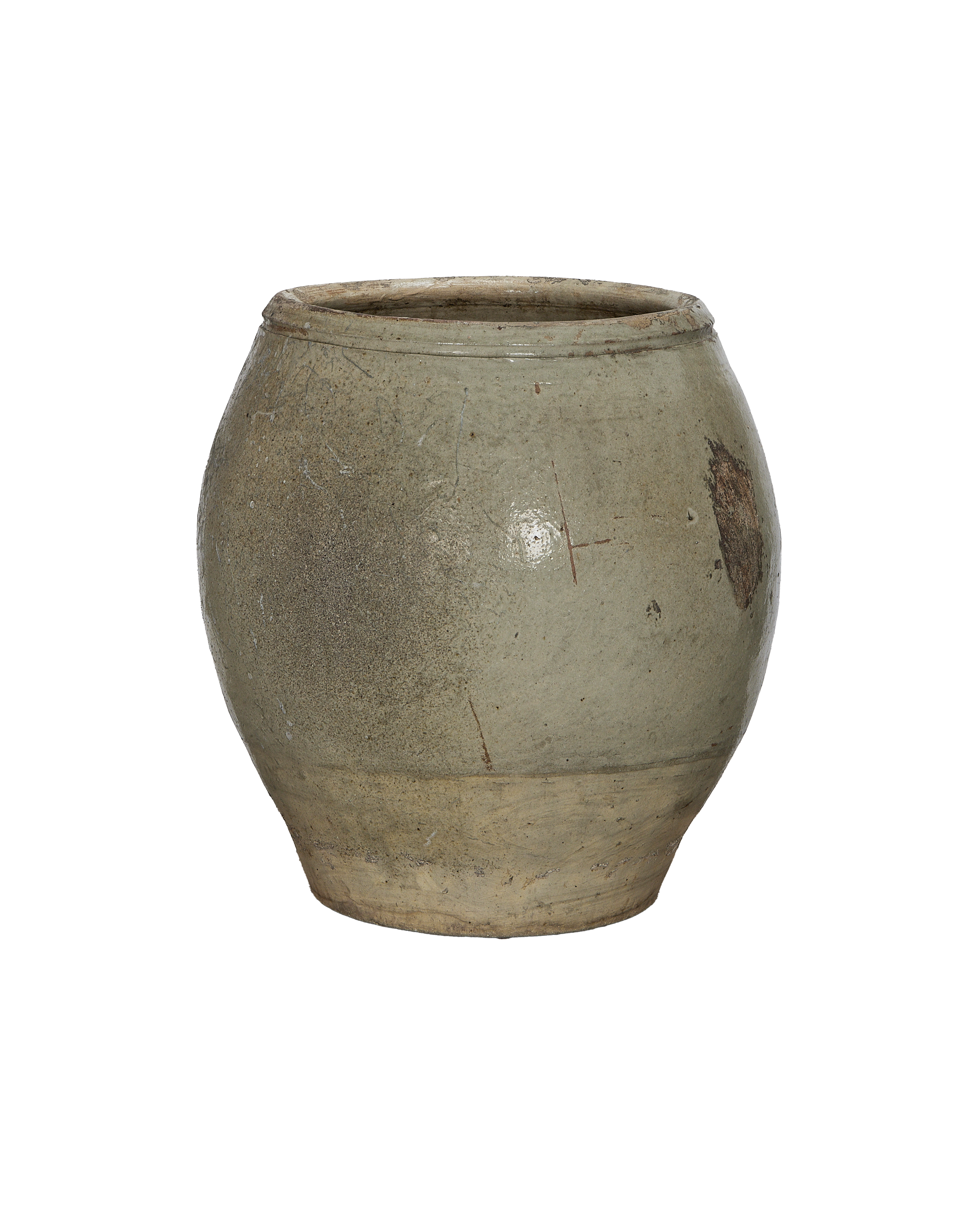 Vintage Chinese stoneware plum planter, showcasing weathered texture and original patina.