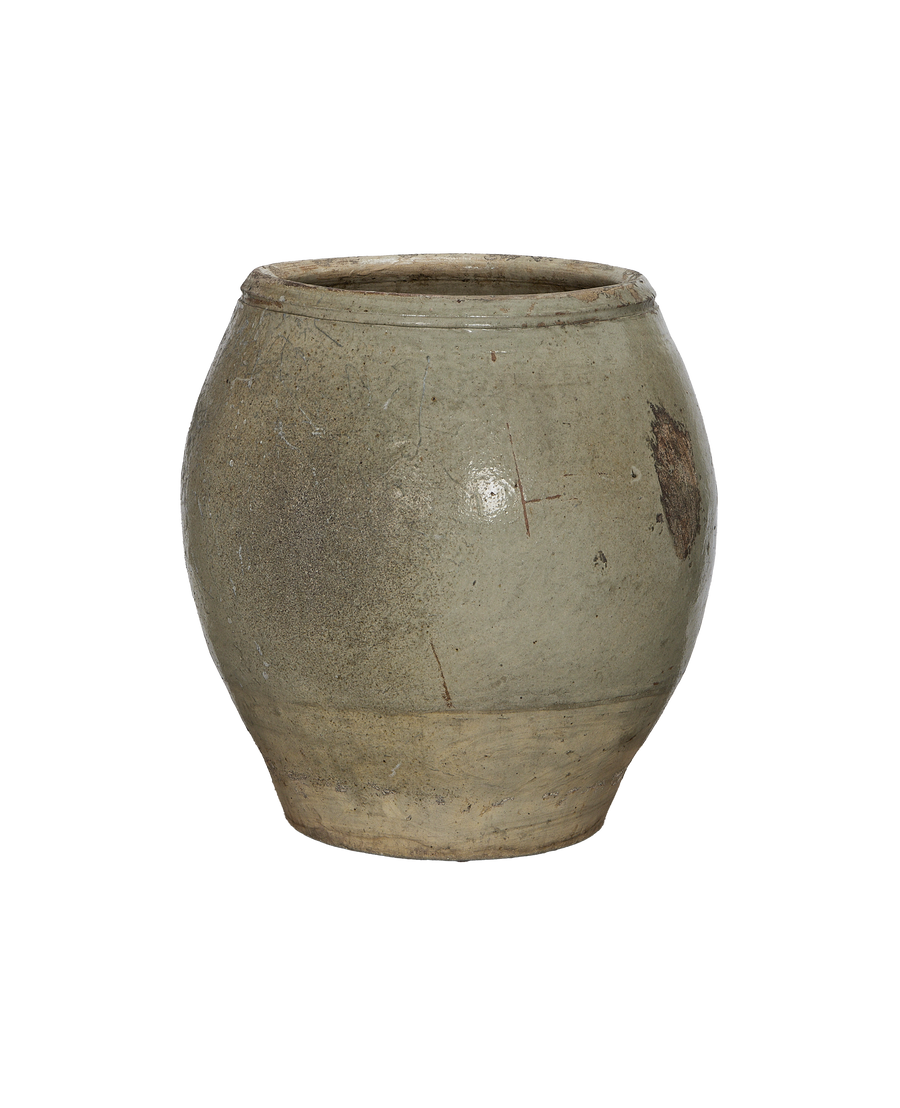 Vintage Chinese stoneware plum planter, showcasing weathered texture and original patina.