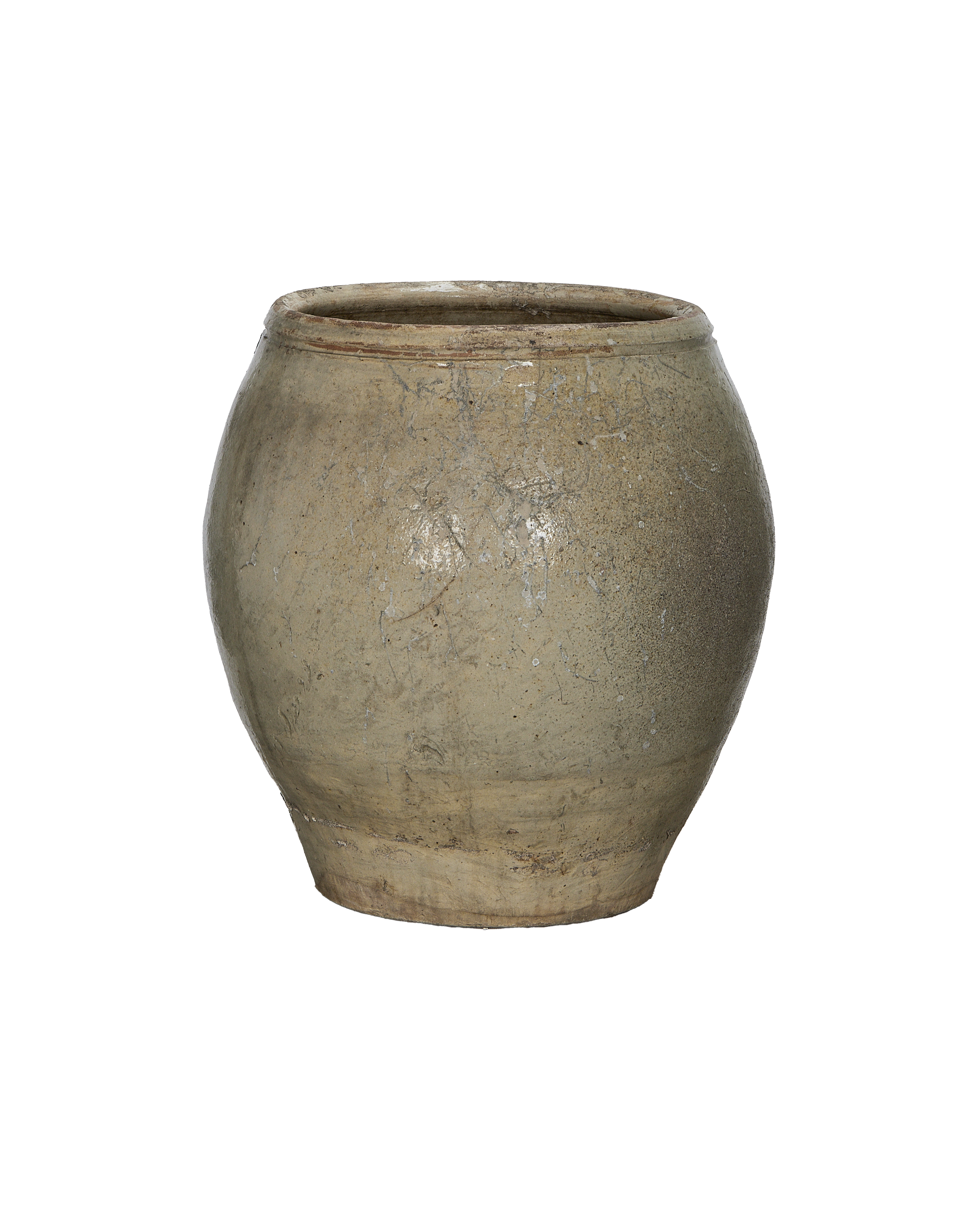 Vintage Chinese stoneware plum planter, showcasing textured beige surface and weathered condition, full view.