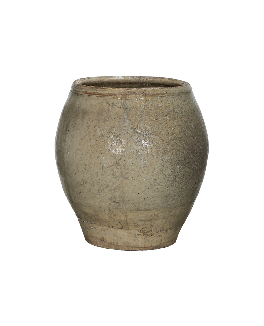 Vintage Chinese stoneware plum planter, showcasing textured beige surface and weathered condition, full view.