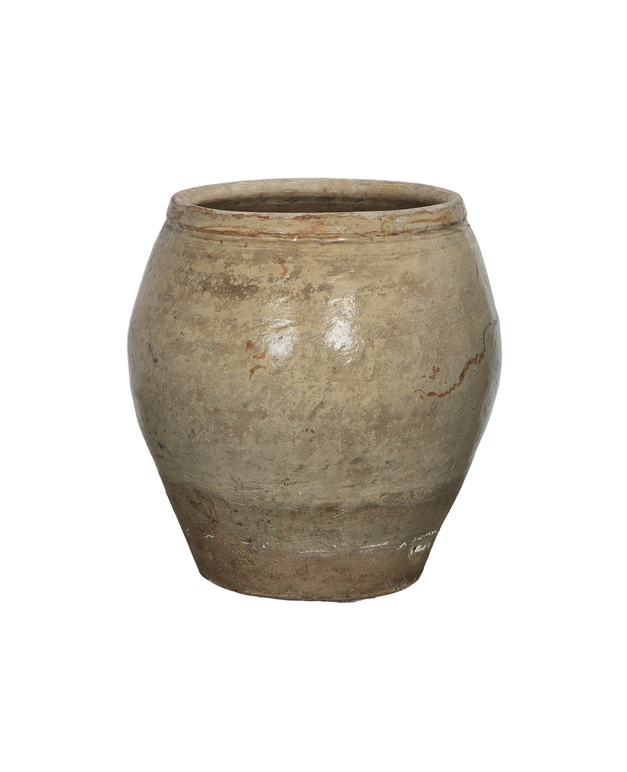 Vintage Chinese ceramic plum planter shows weathered texture and slight patina.