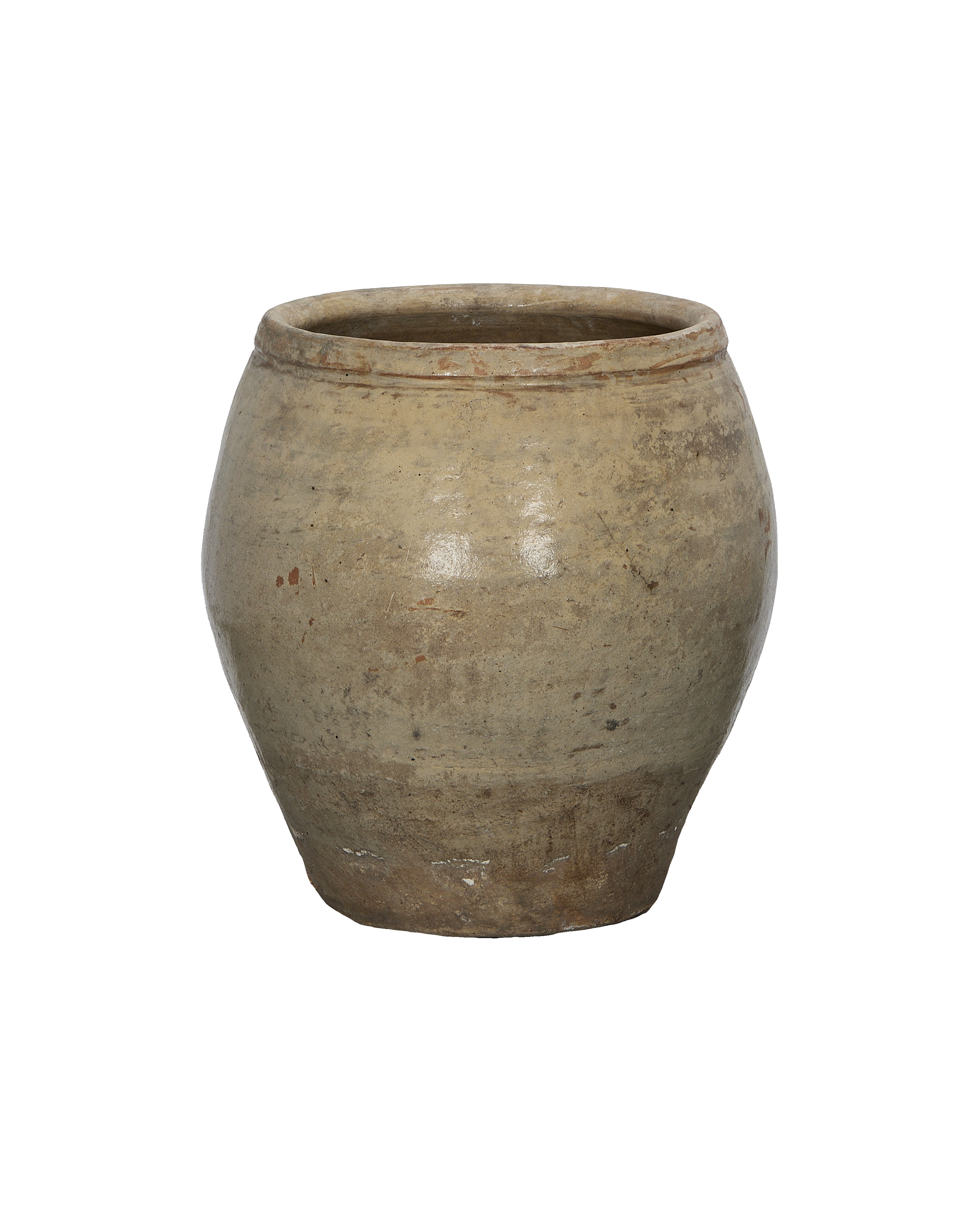 Vintage Chinese plum planter, OAK, with textured, weathered off-white pottery surface.