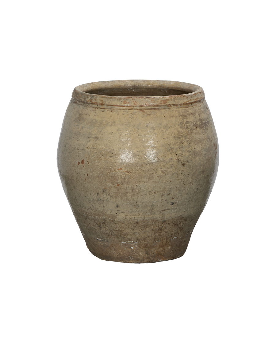 Vintage Chinese plum planter, OAK, with textured, weathered off-white pottery surface.