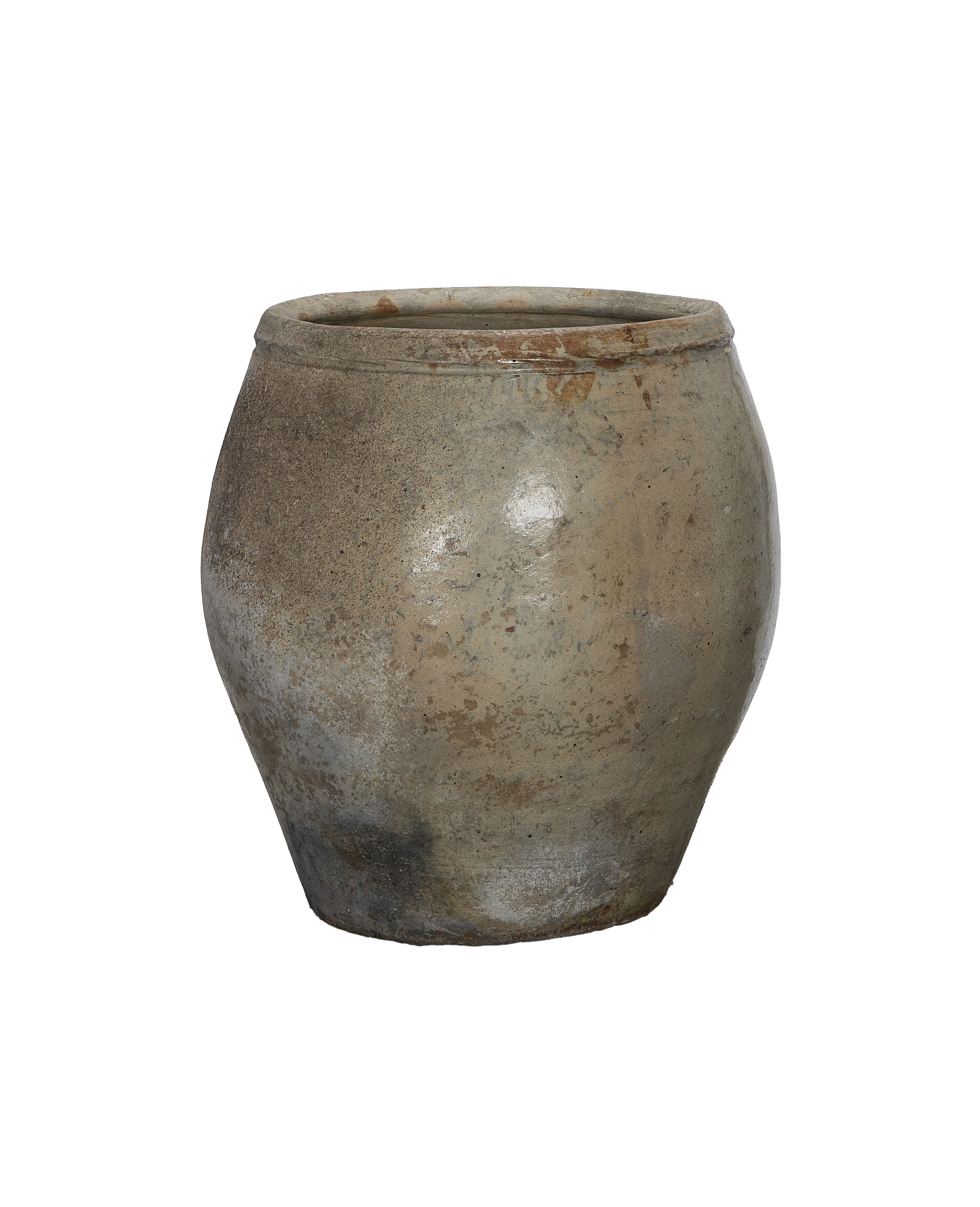 Vintage Chinese plum planter, oak-colored stoneware, showing mottled patina, front view.