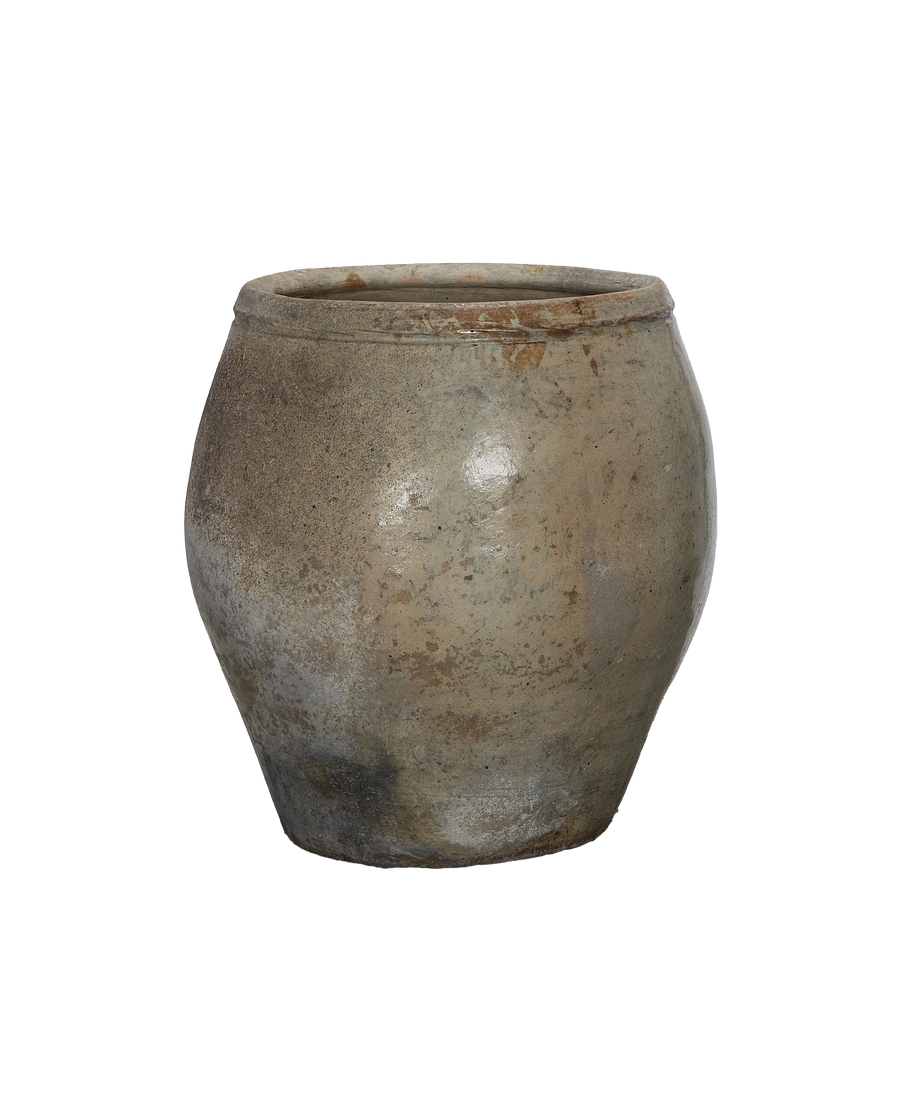 Vintage Chinese plum planter, oak-colored stoneware, showing mottled patina, front view.