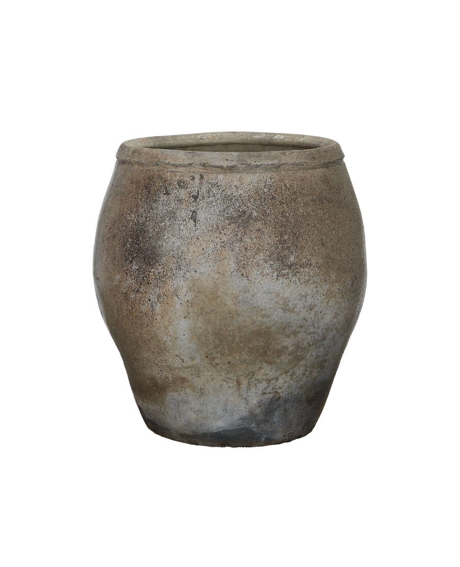 Vintage Chinese plum planter, oak, showing mottled aged texture on curved sides.