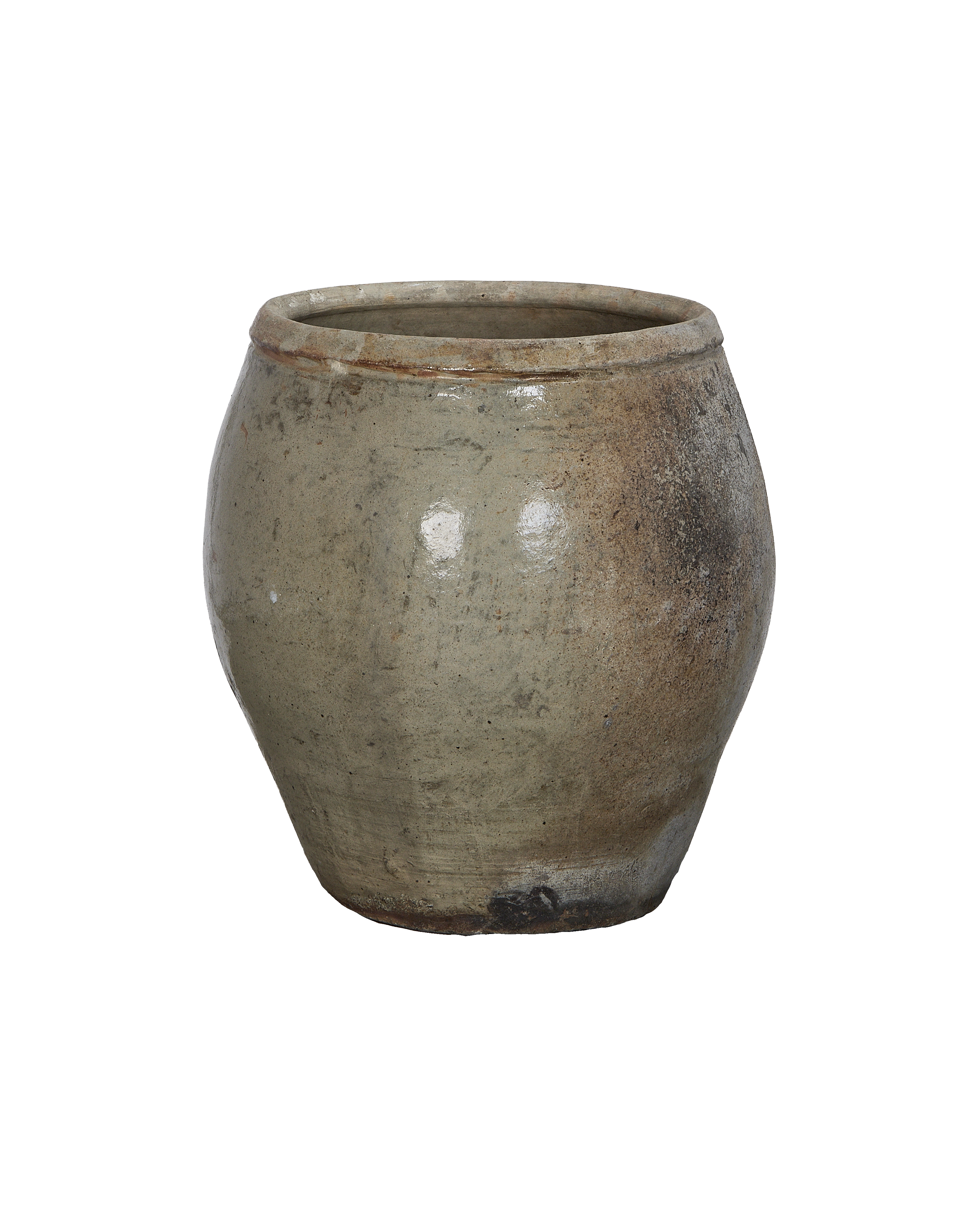 Vintage Chinese plum planter, oak-colored stoneware, showing detailed patina and weathered texture on its rustic surface.