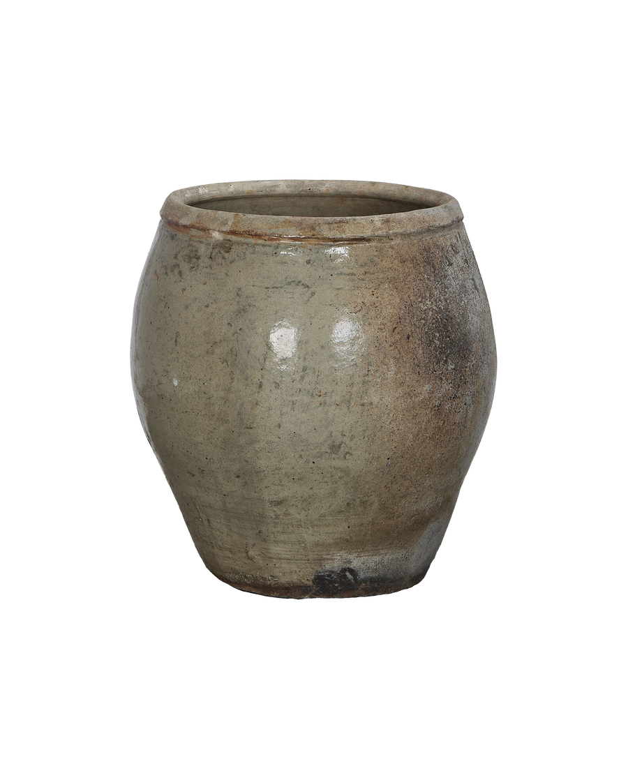 Vintage Chinese plum planter, oak-colored stoneware, showing detailed patina and weathered texture on its rustic surface.