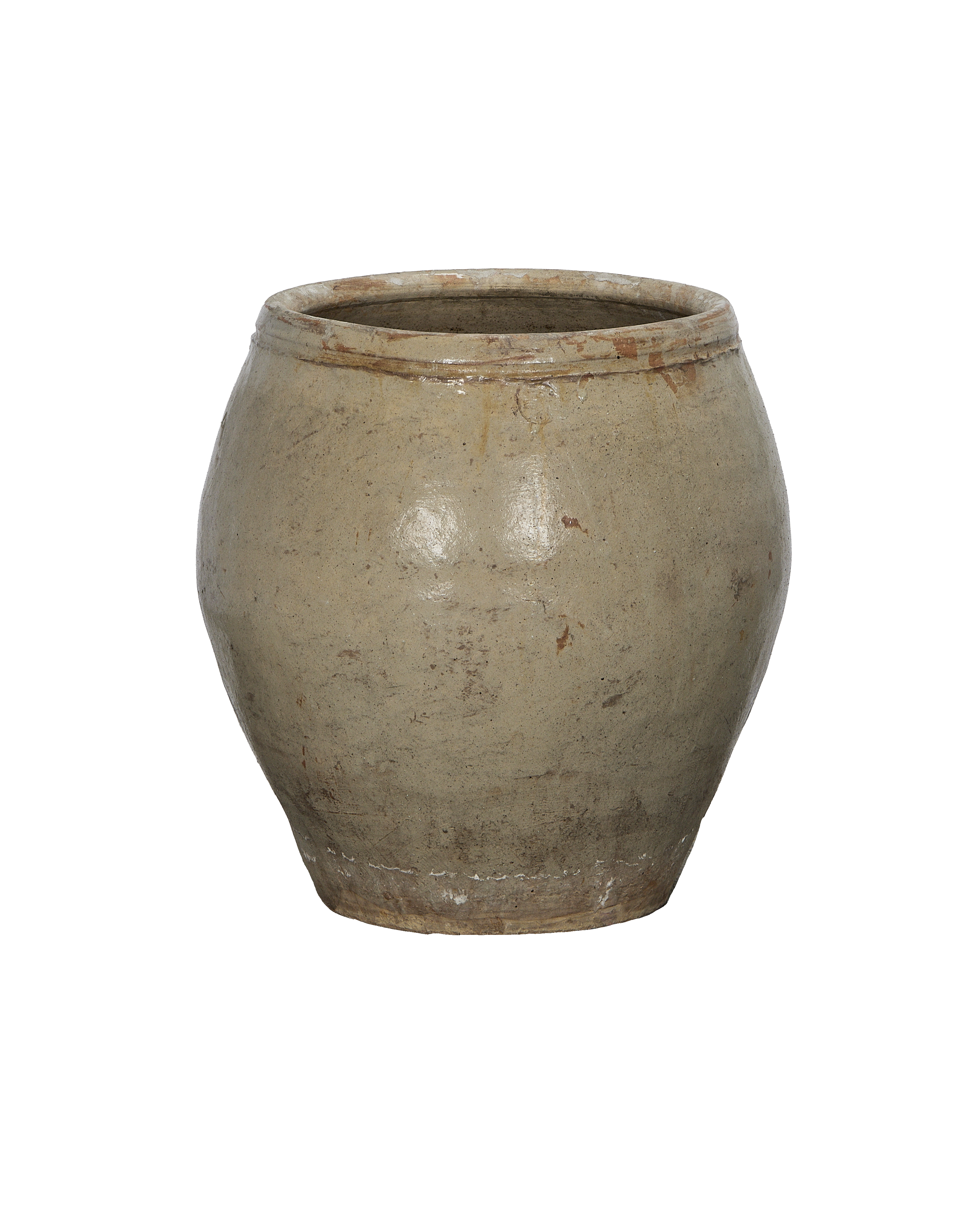Vintage Chinese plum planter, worn oak-colored pot with textured, aged surface details.