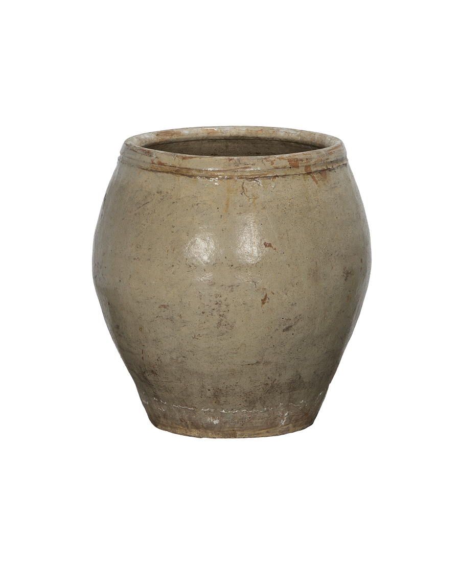 Vintage Chinese plum planter, worn oak-colored pot with textured, aged surface details.