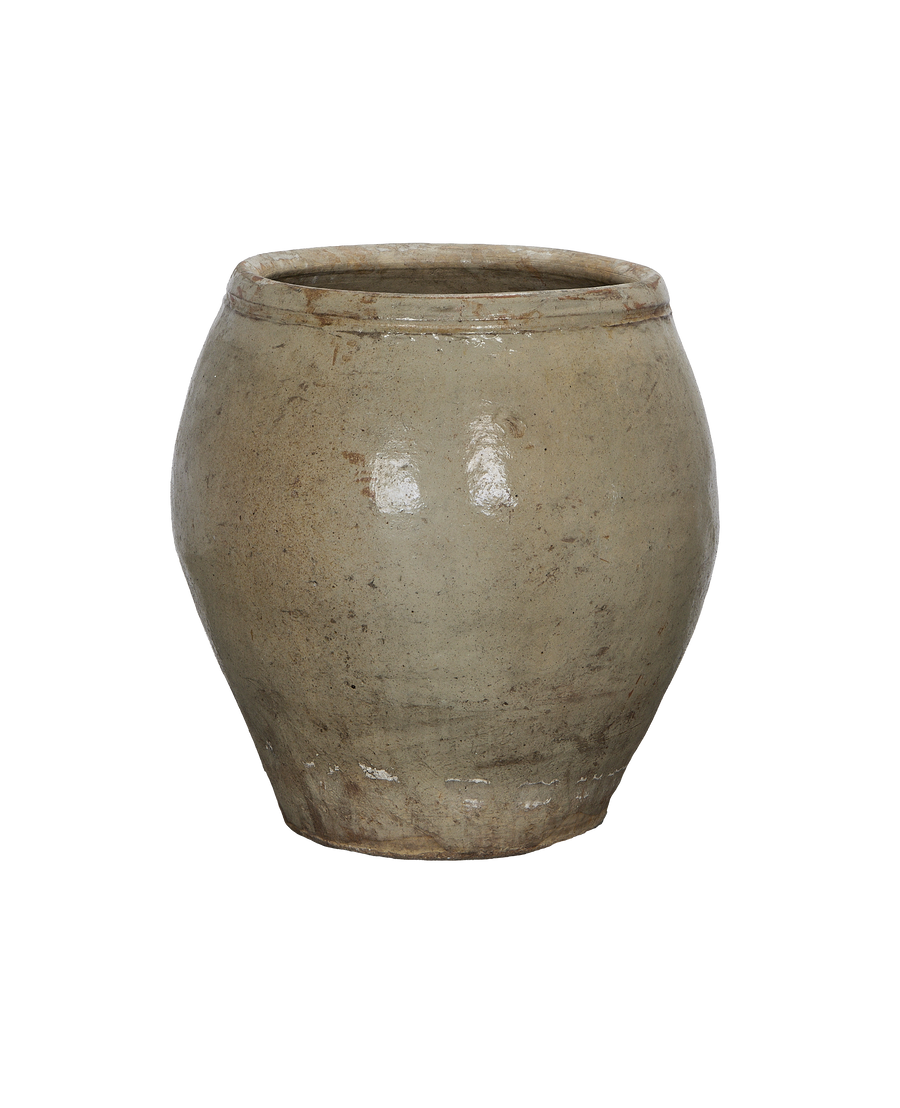 Vintage Chinese plum planter, oak, showing its textured, aged material and rim detail.