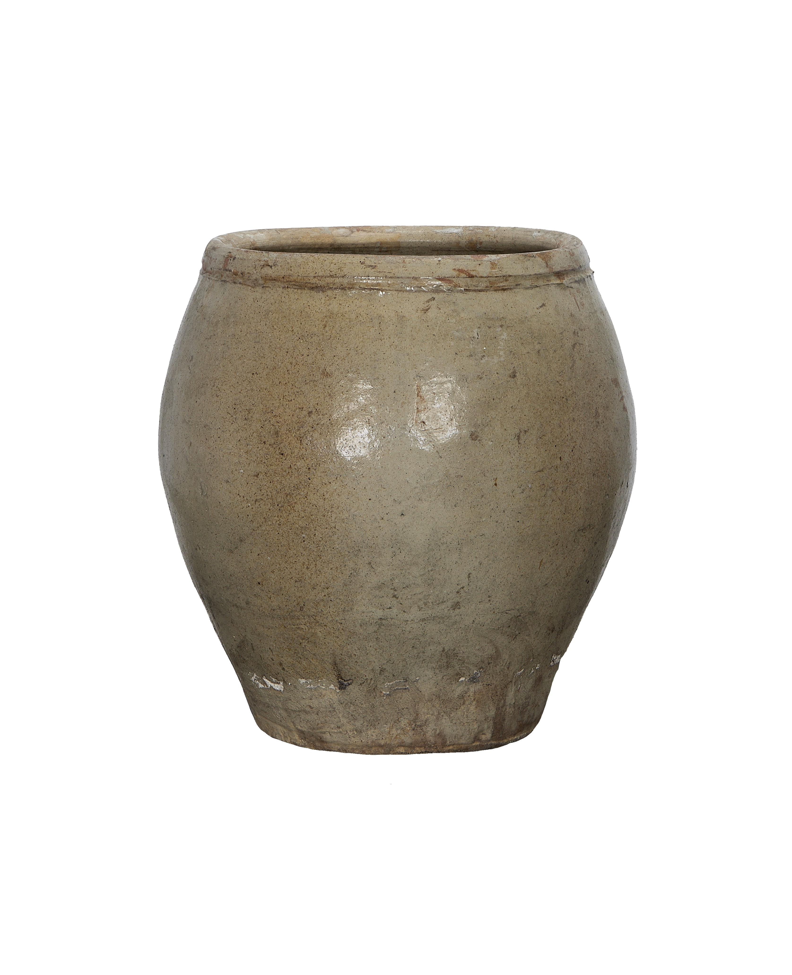 Vintage Chinese oak plum planter, showcasing textured, aged surface and rim detail from a side view.
