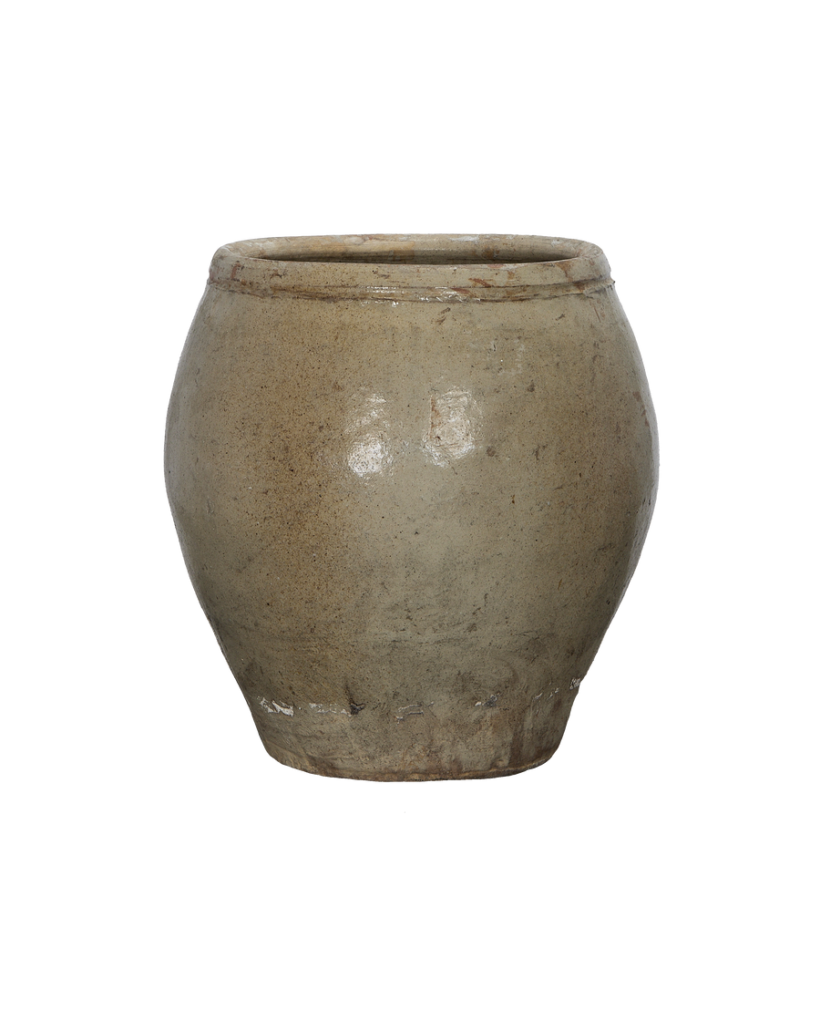 Vintage Chinese oak plum planter, showcasing textured, aged surface and rim detail from a side view.