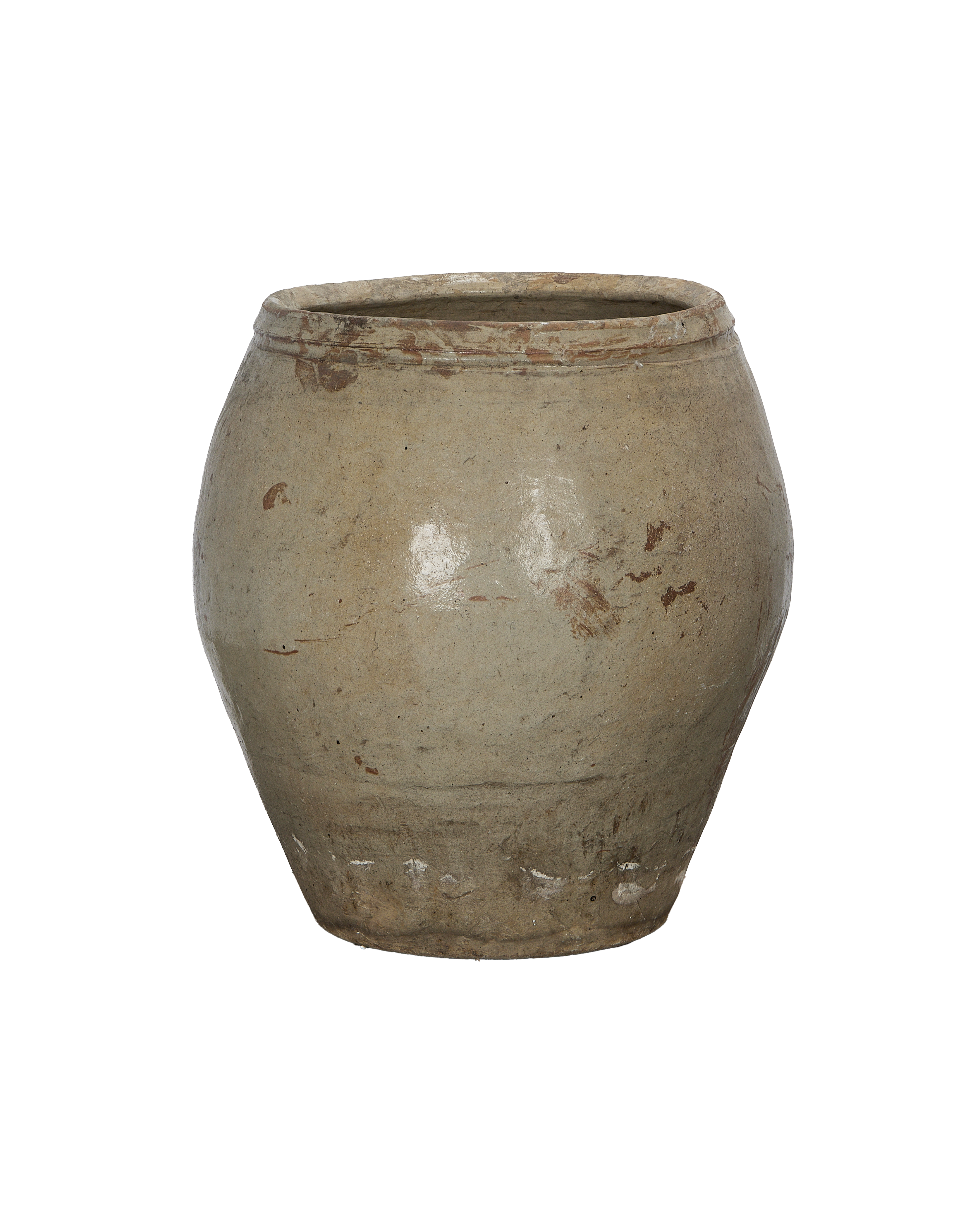 Chinese vintage plum planter, showing weathered grey glaze with rustic texture and bottom chipping.