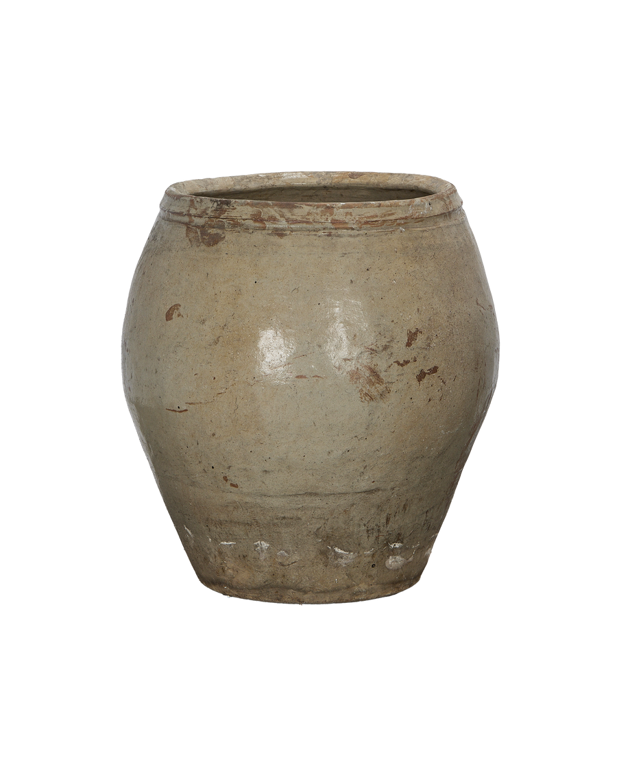 Chinese vintage plum planter, showing weathered grey glaze with rustic texture and bottom chipping.