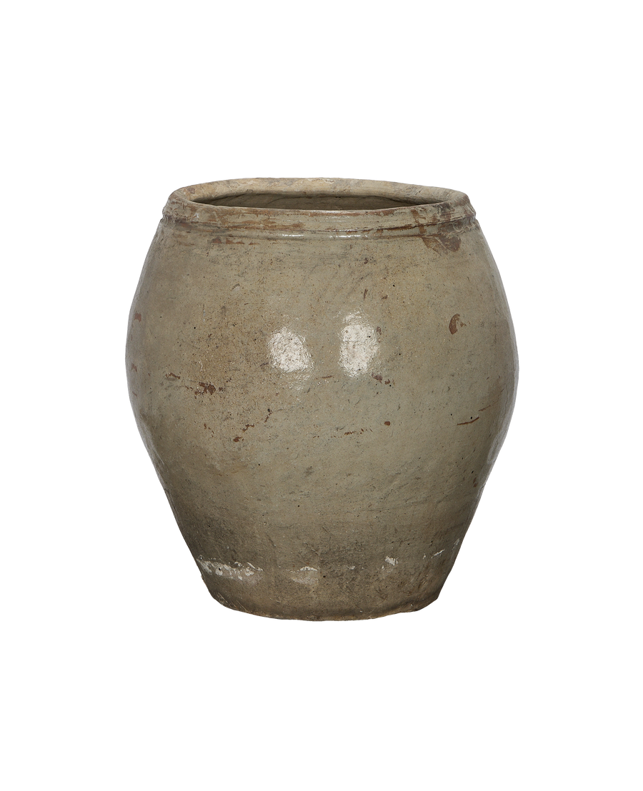Vintage Chinese plum planter, ceramic, showing weathered, textured surface and aged rim details.