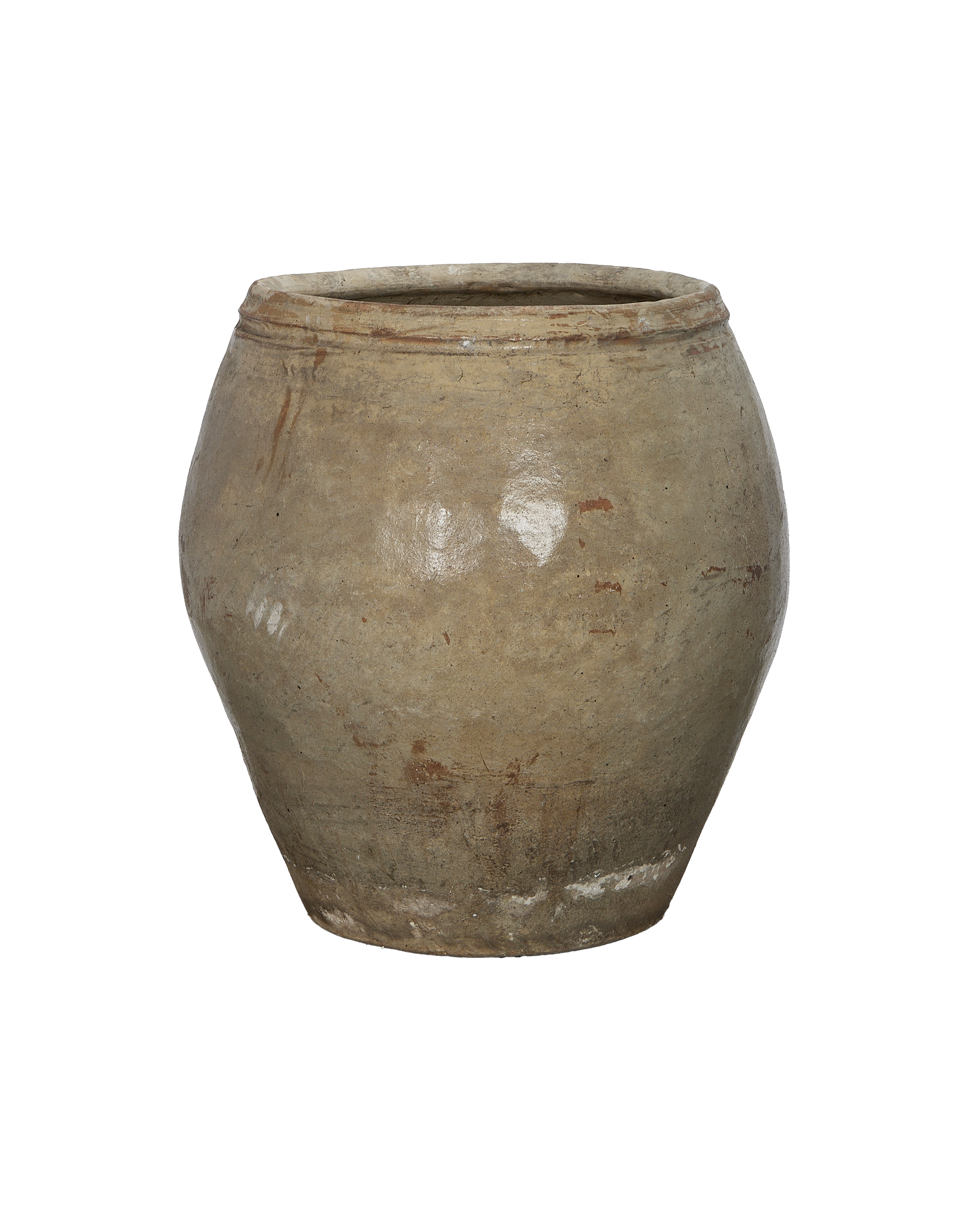 Vintage Chinese Plum Planter, weathered oak-colored stoneware, showcasing detailed top rim and surface patina.