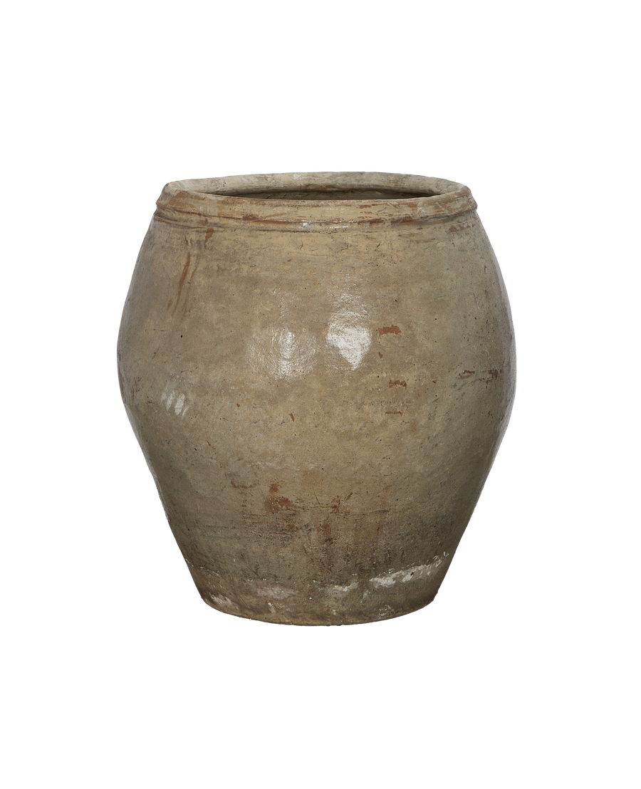 Vintage Chinese Plum Planter, weathered oak-colored stoneware, showcasing detailed top rim and surface patina.