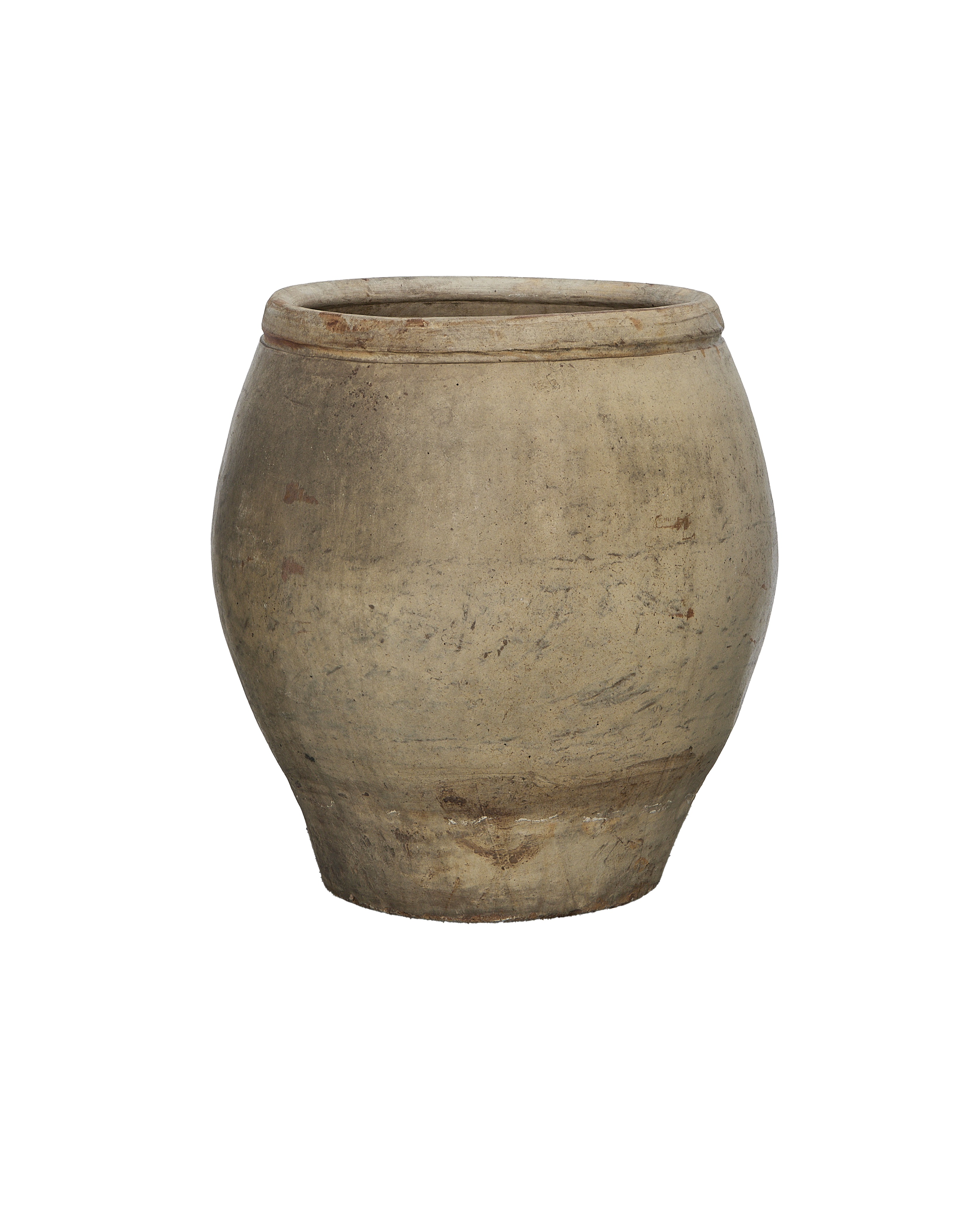 Vintage Chinese plum planter, light gray clay, showing weathered texture, full cylindrical shape.