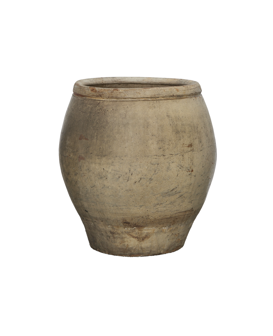 Vintage Chinese plum planter, light gray clay, showing weathered texture, full cylindrical shape.