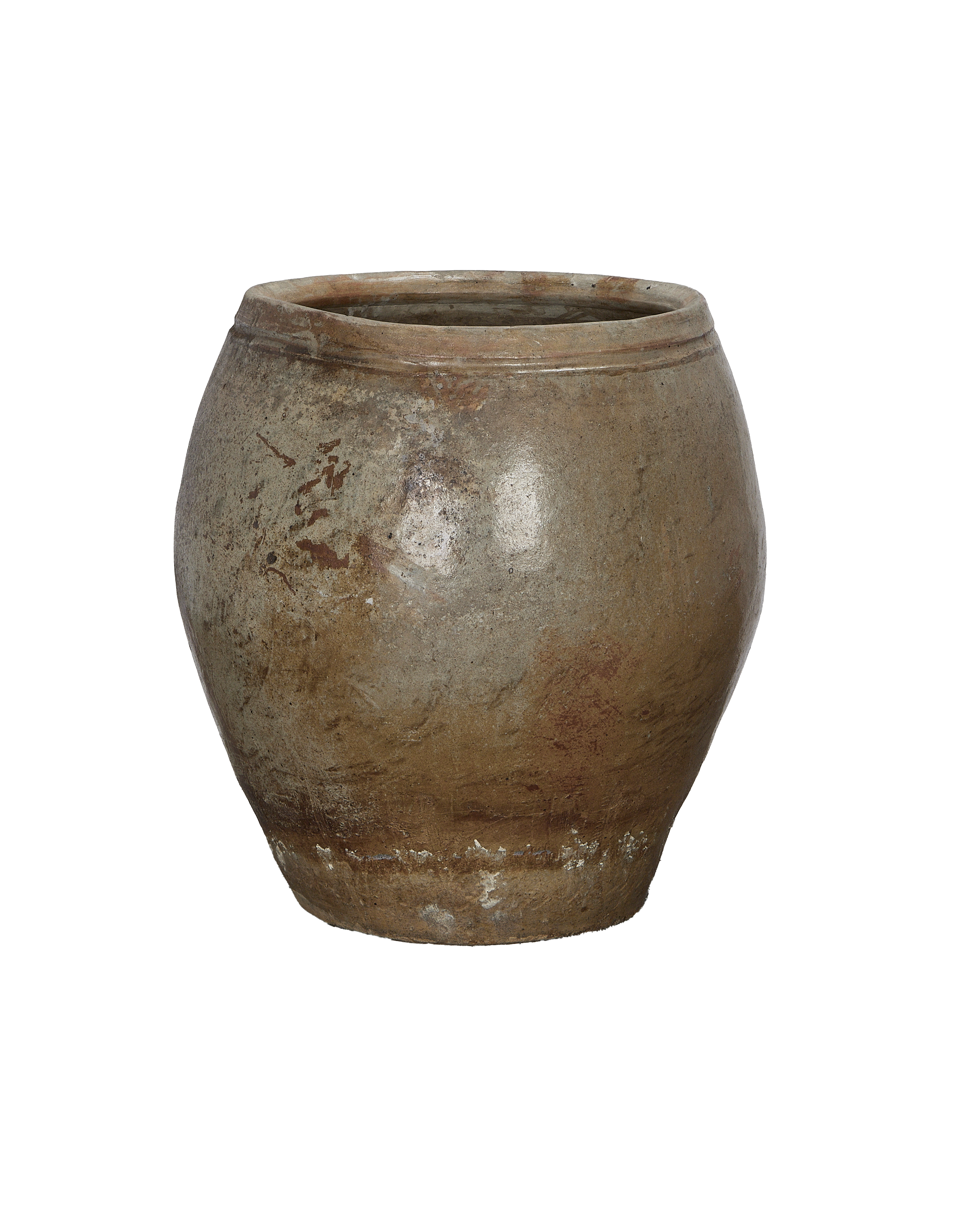 Vintage Chinese OAK plum planter, distressed grey-brown earthenware with wide mouth and weathered texture.