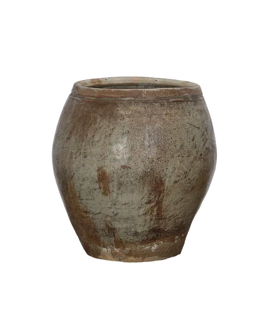 Vintage Chinese plum planter, showing weathered clay texture and aged patination.