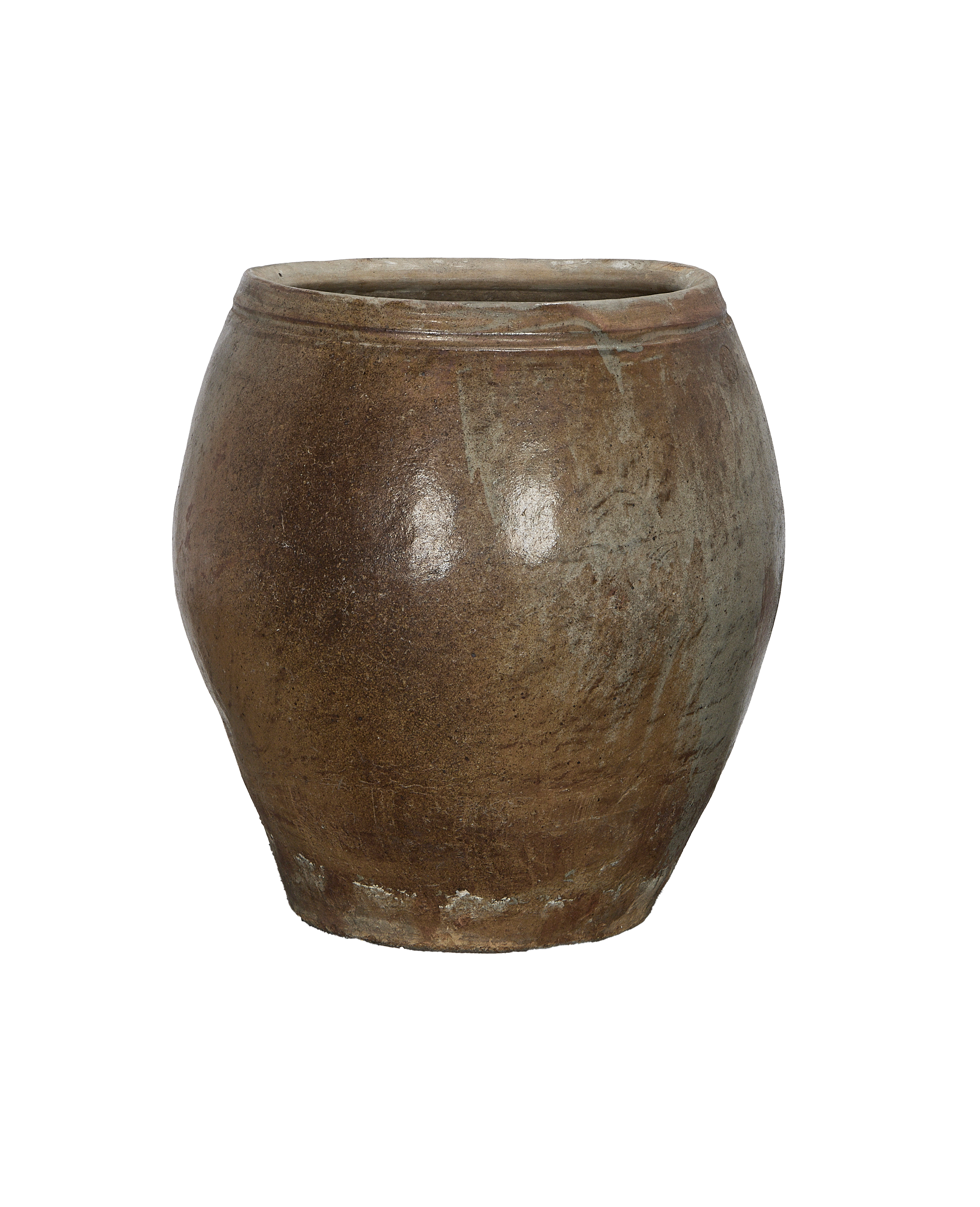 Vintage Chinese ceramic plum planter, showing textured, weathered surface and rim details.