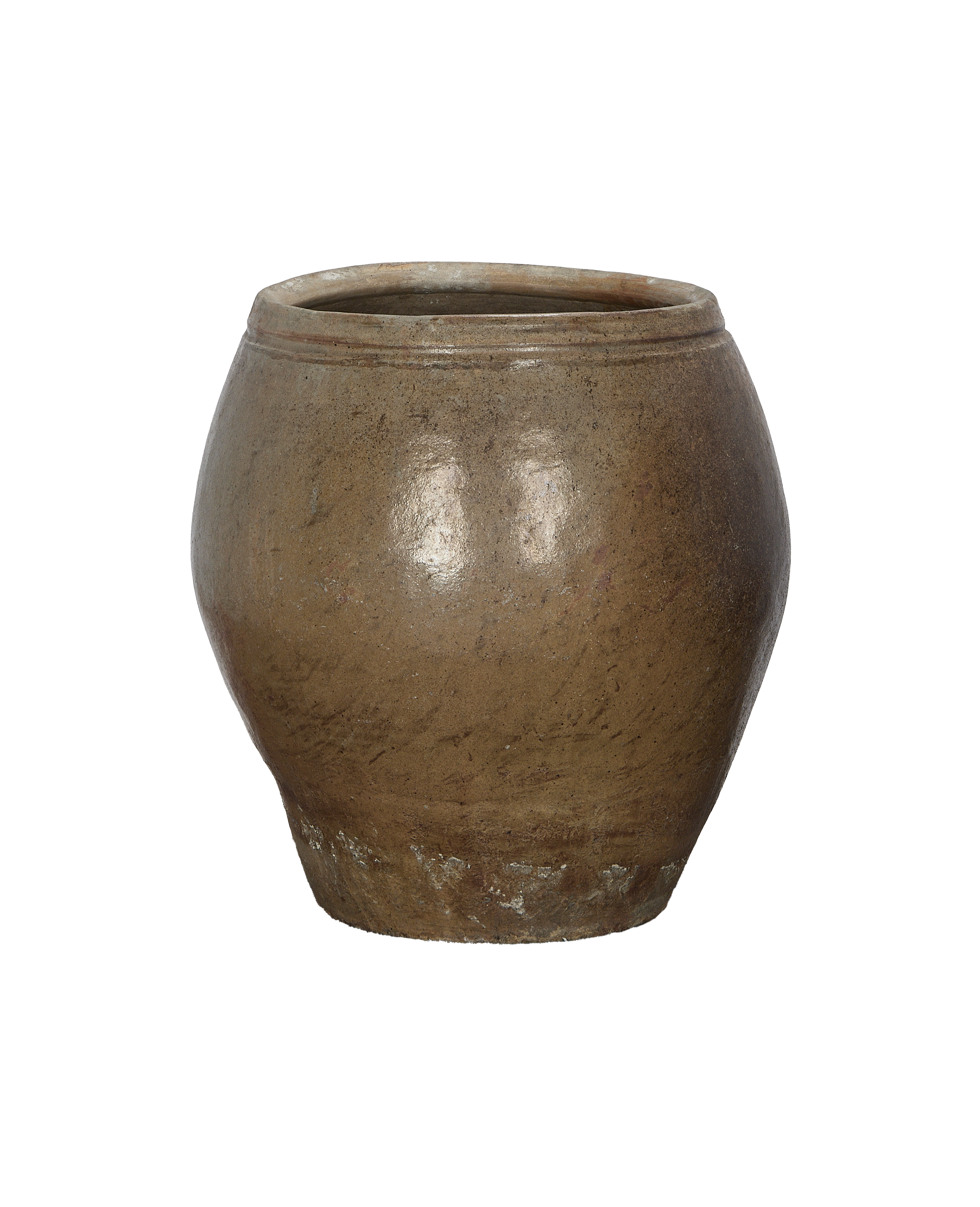 Vintage Chinese plum planter, oak-colored ceramic, side view, showcasing texture and age.