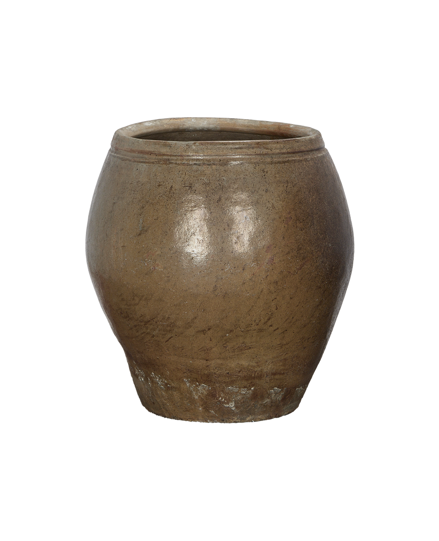 Vintage Chinese plum planter, oak-colored ceramic, side view, showcasing texture and age.