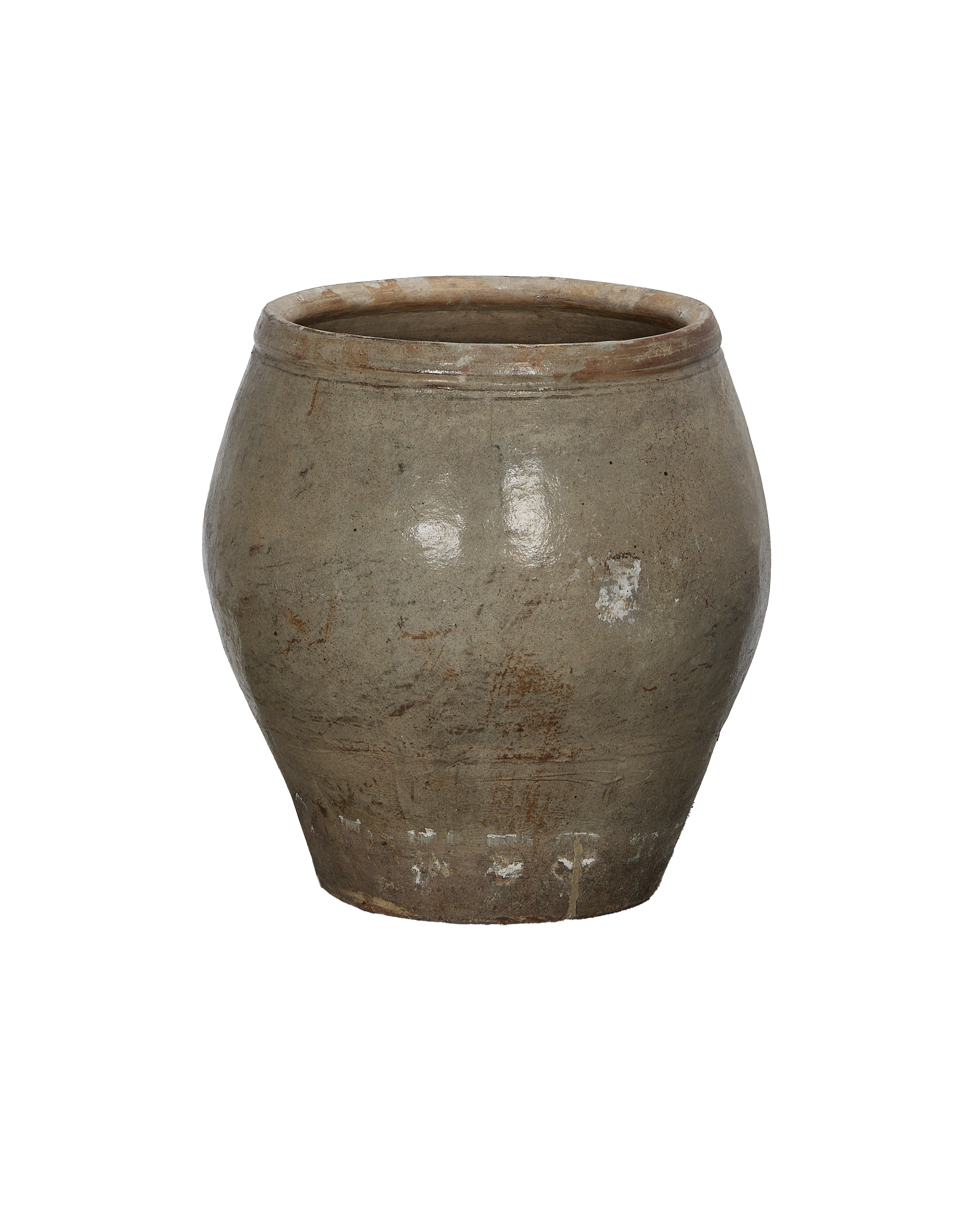 Vintage Chinese Plum Planter, side view showcasing weathered stoneware texture and rustic appeal.