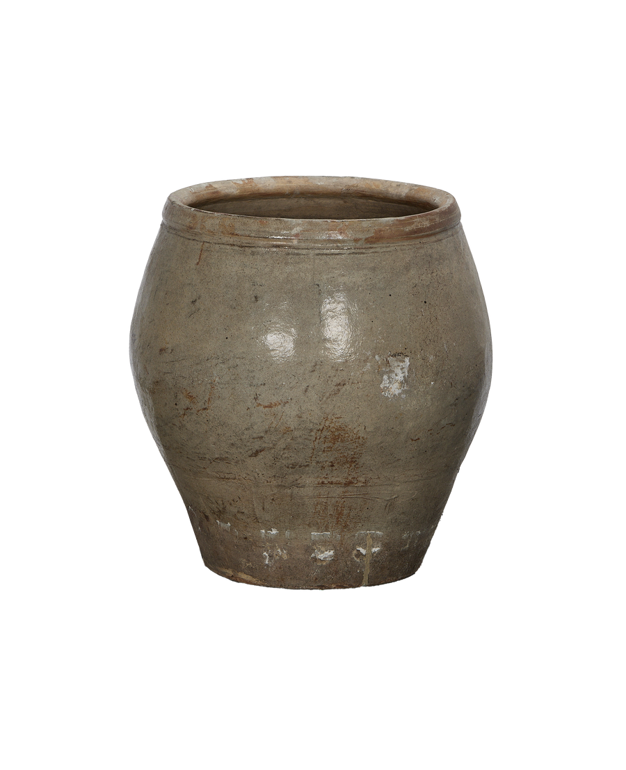 Vintage Chinese Plum Planter, side view showcasing weathered stoneware texture and rustic appeal.