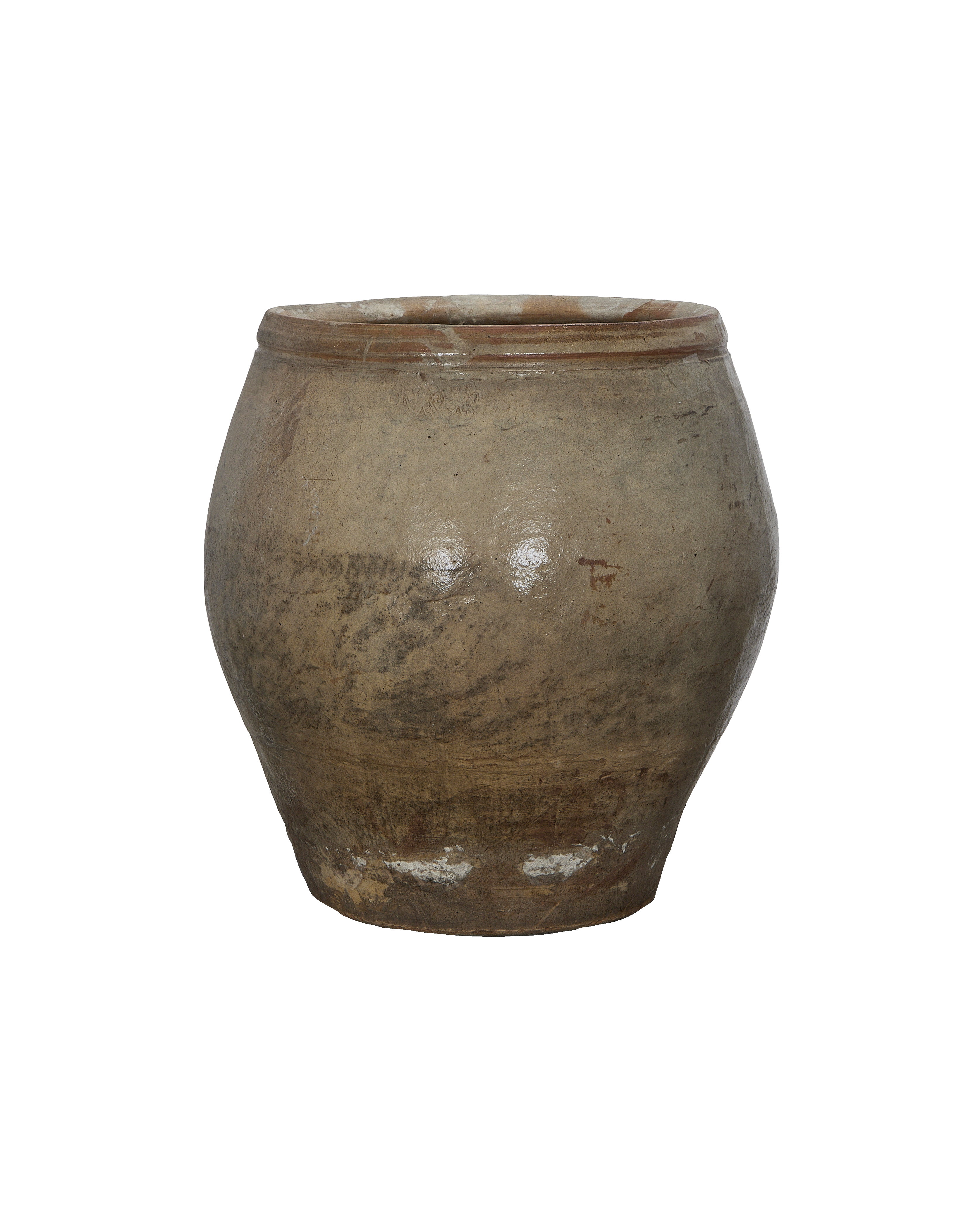 Vintage Chinese ceramic plum planter, showing textured, weathered surface and rim details.
