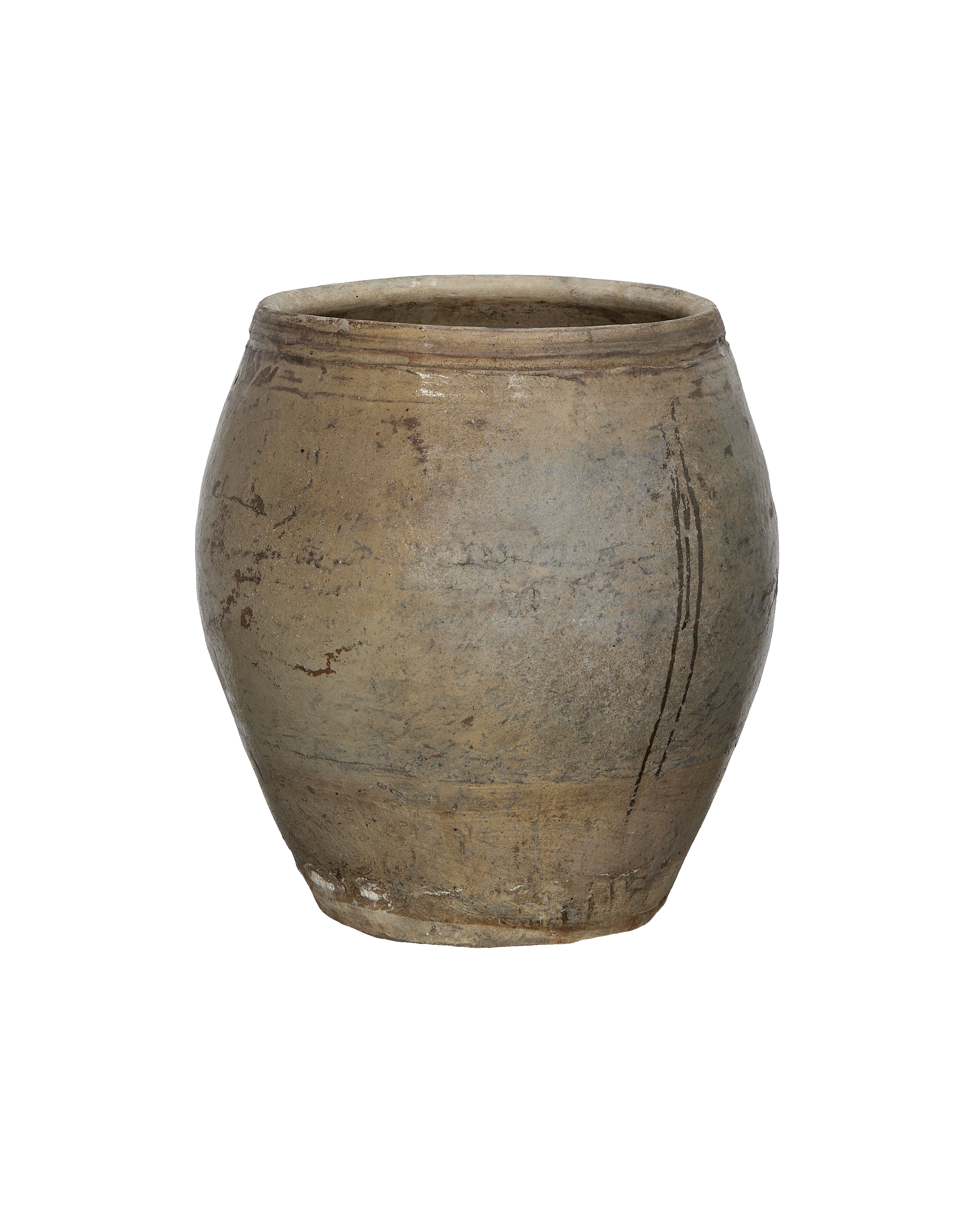 Vintage Chinese OAK plum planter, showing textured, weathered earthenware surface and top rim.