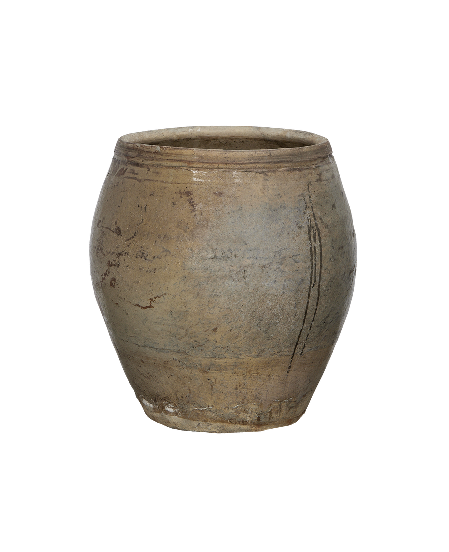Vintage Chinese OAK plum planter, showing textured, weathered earthenware surface and top rim.