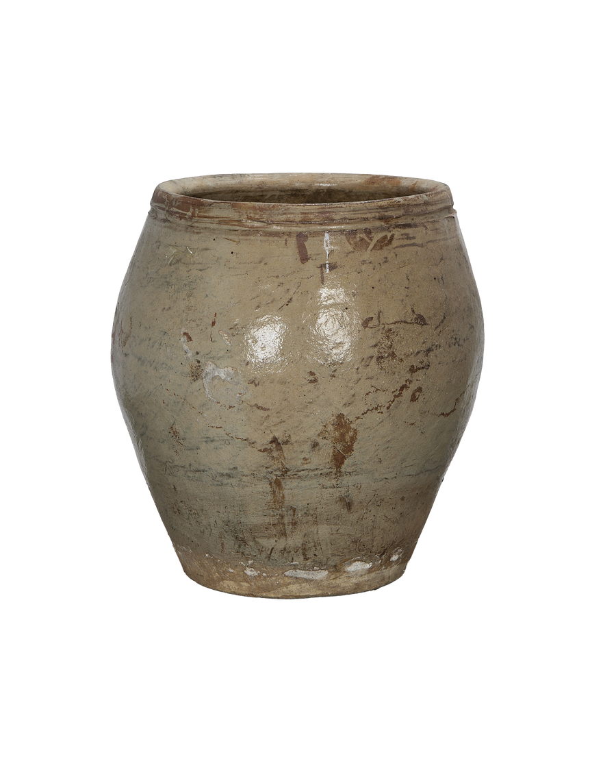 Vintage Chinese plum planter, oak-colored surface with distressed patina detail.