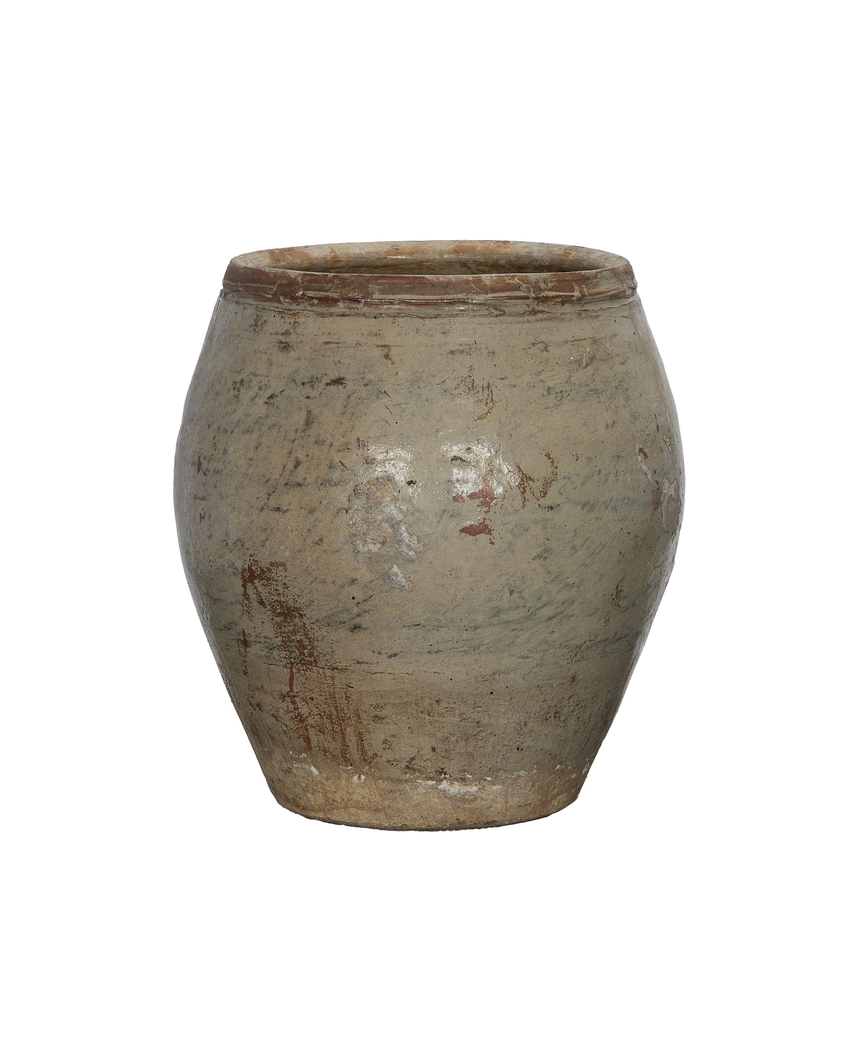 Vintage Chinese stoneware planter with rustic distressed pale grey glaze and red undertones.
