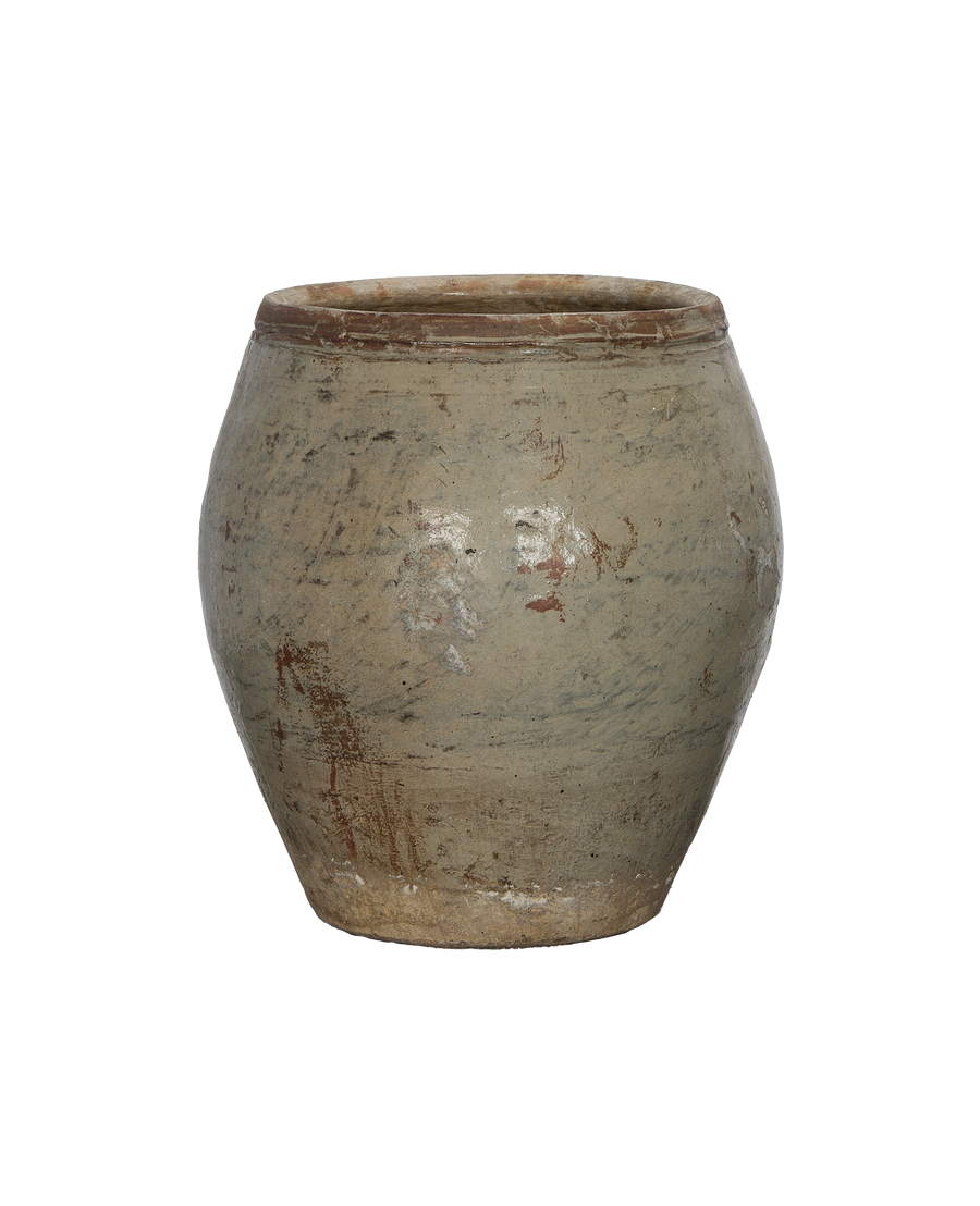 Vintage Chinese stoneware planter with rustic distressed pale grey glaze and red undertones.