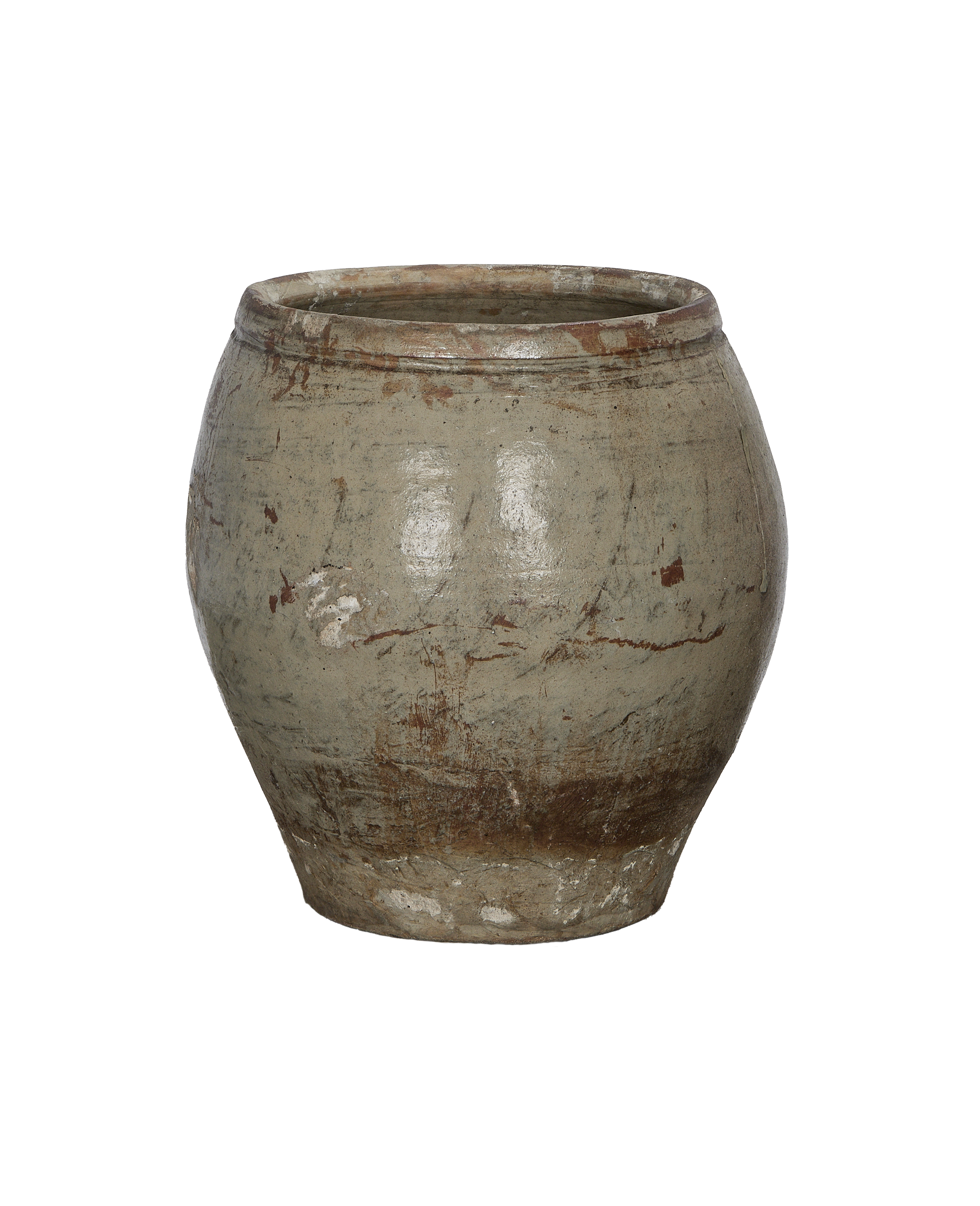 Chinese vintage plum planter, aged light green-brown oak, with weathered texture.