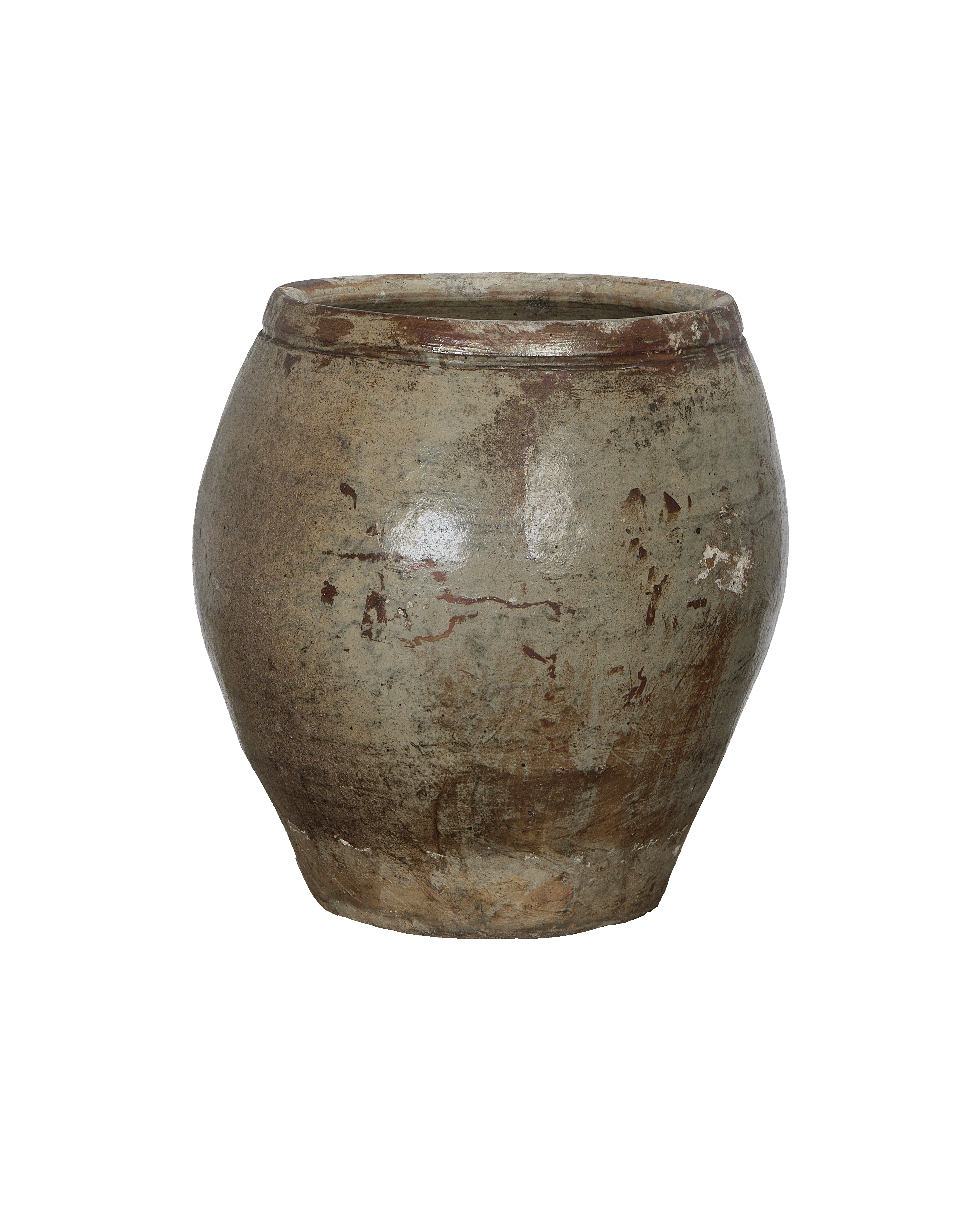 Vintage Chinese stoneware plum planter, weathered oak-like glaze, showing distressed texture and rim.