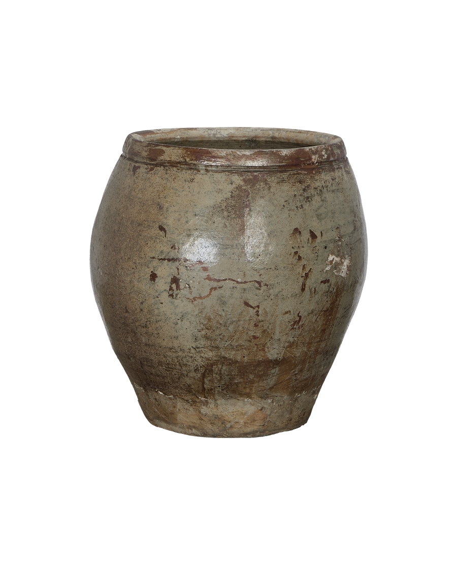 Vintage Chinese stoneware plum planter, weathered oak-like glaze, showing distressed texture and rim.