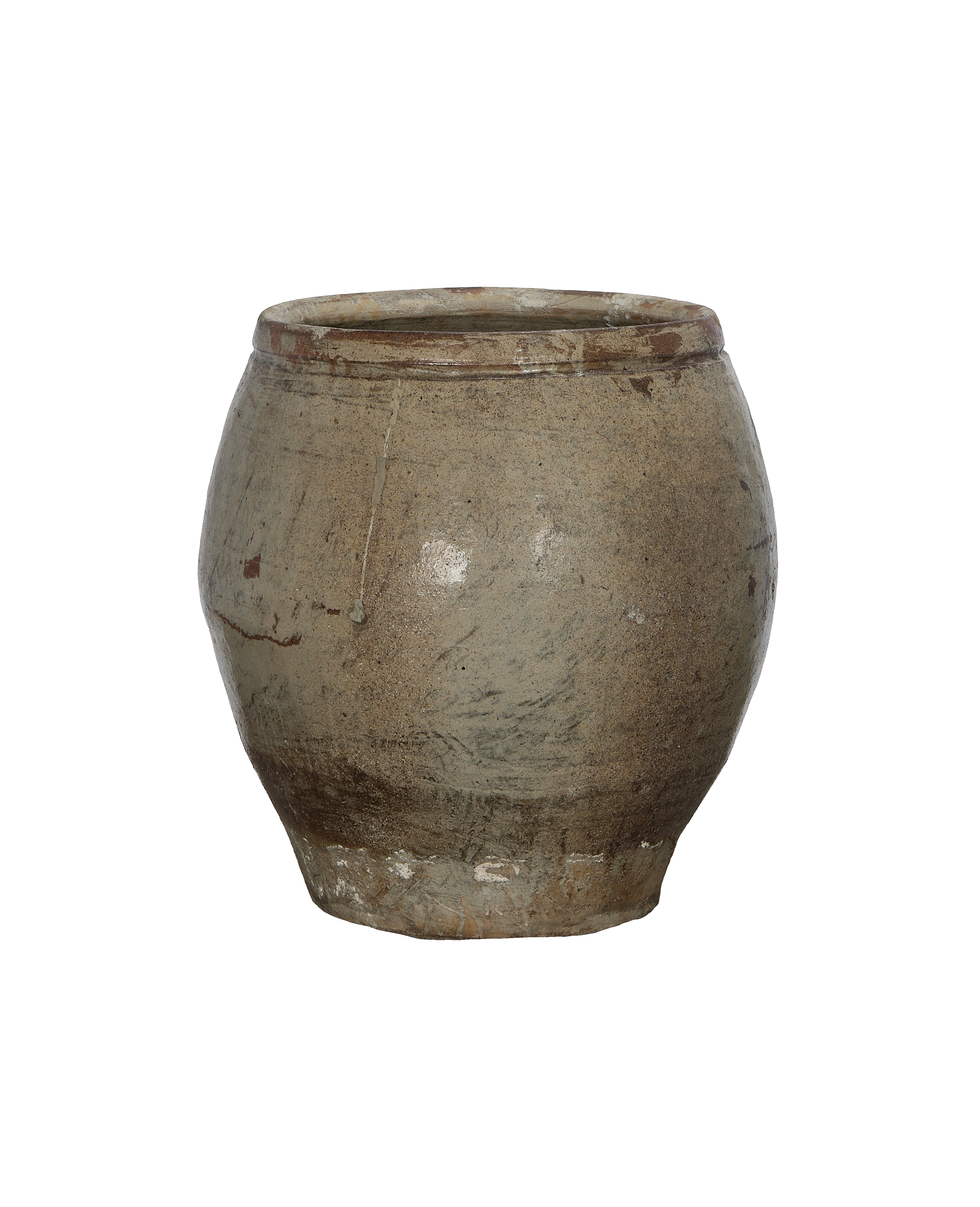 Close-up of vintage Chinese plum planter, showing textured weathered stoneware surface and rim.