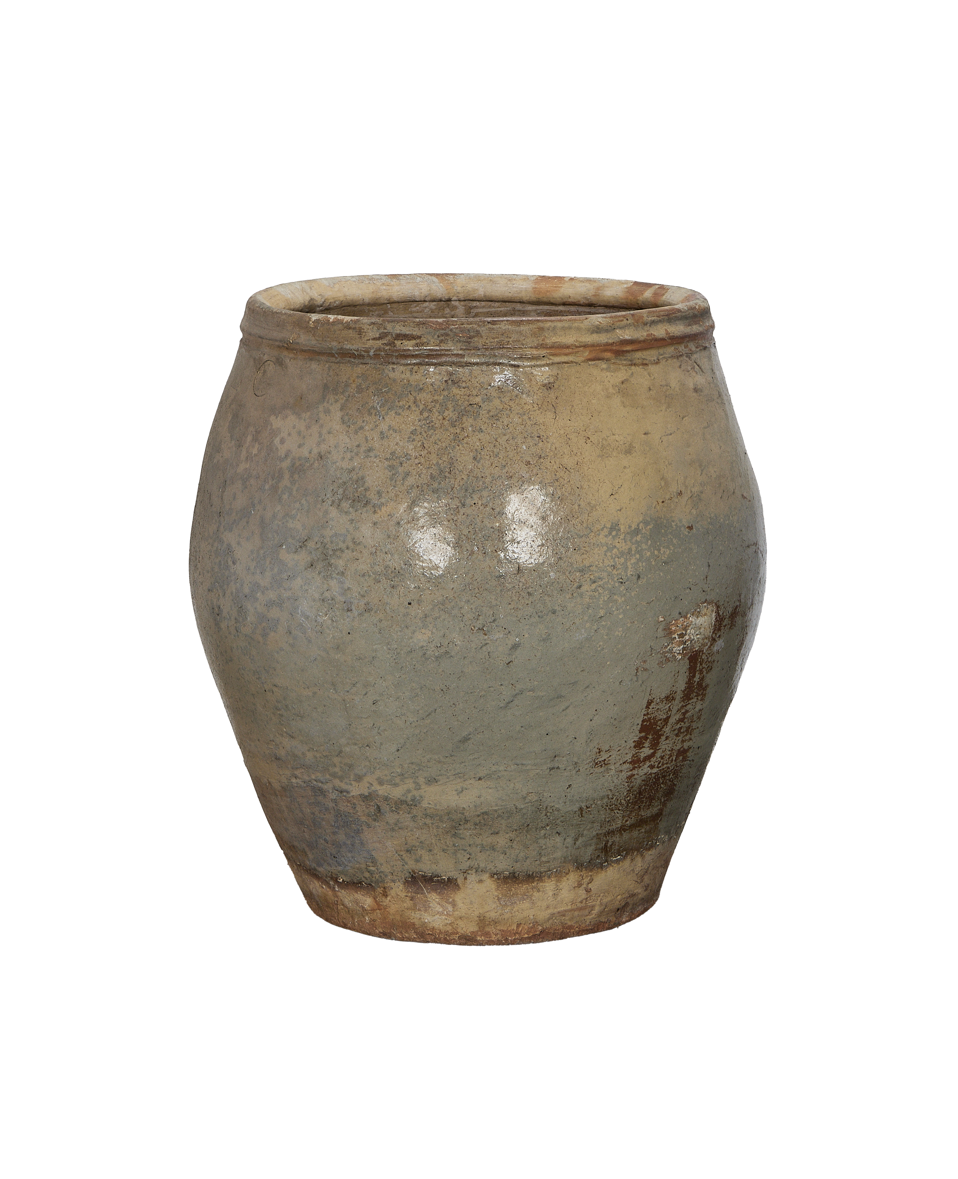 Vintage Chinese plum planter, oak, with weathered texture and original rustic patina, front view.