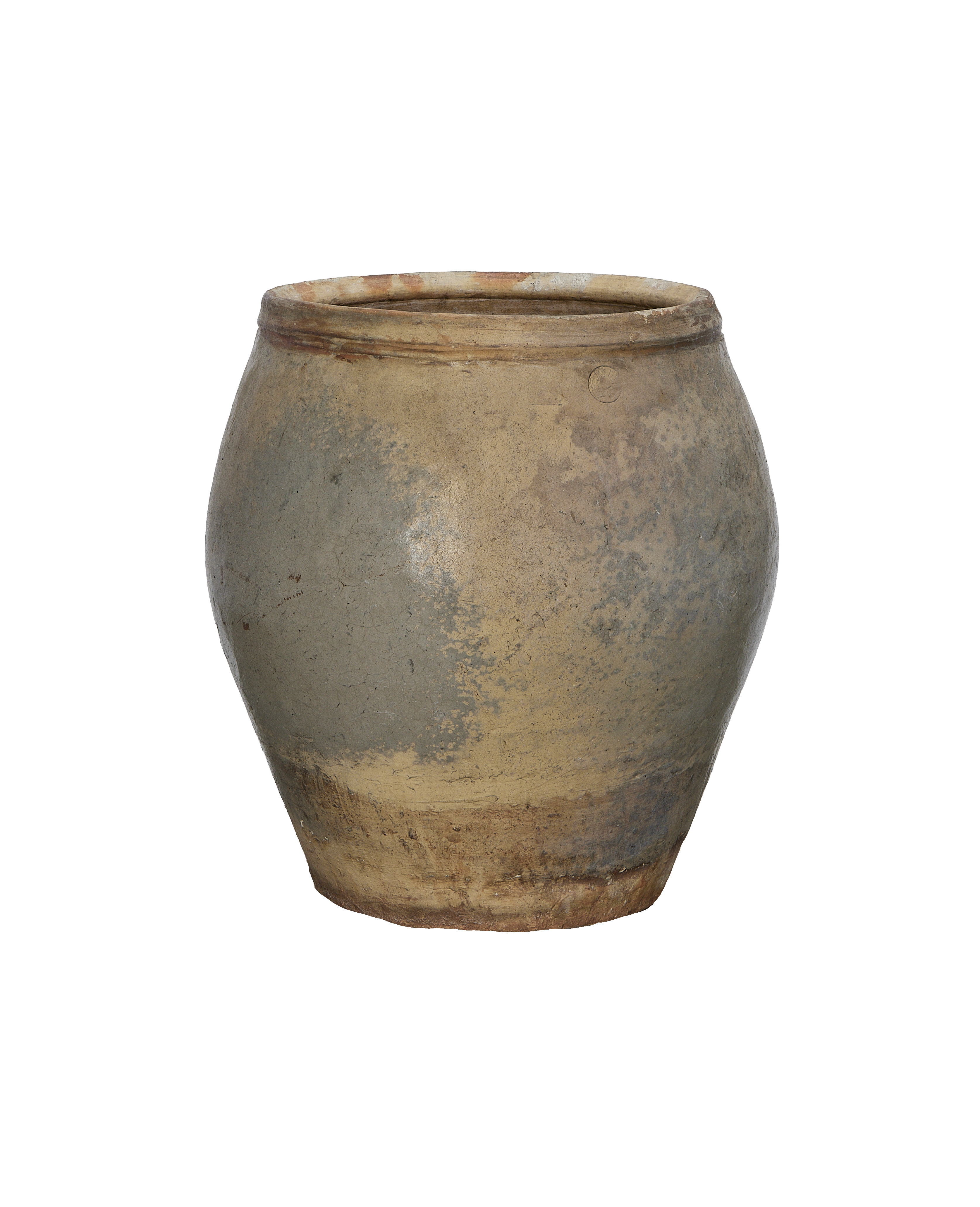 Vintage Chinese OAK plum planter, showing textured weathered stoneware with gray and tan patina.