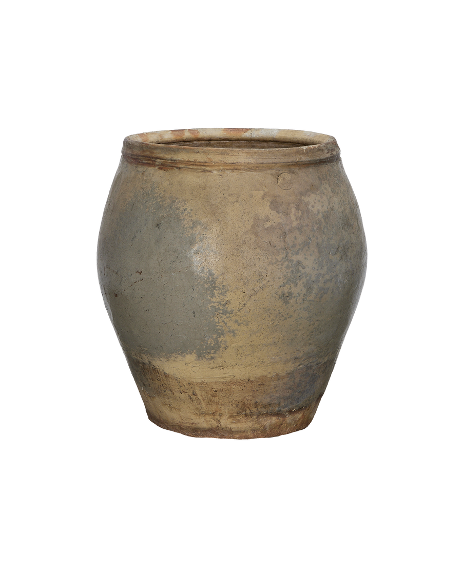 Vintage Chinese OAK plum planter, showing textured weathered stoneware with gray and tan patina.