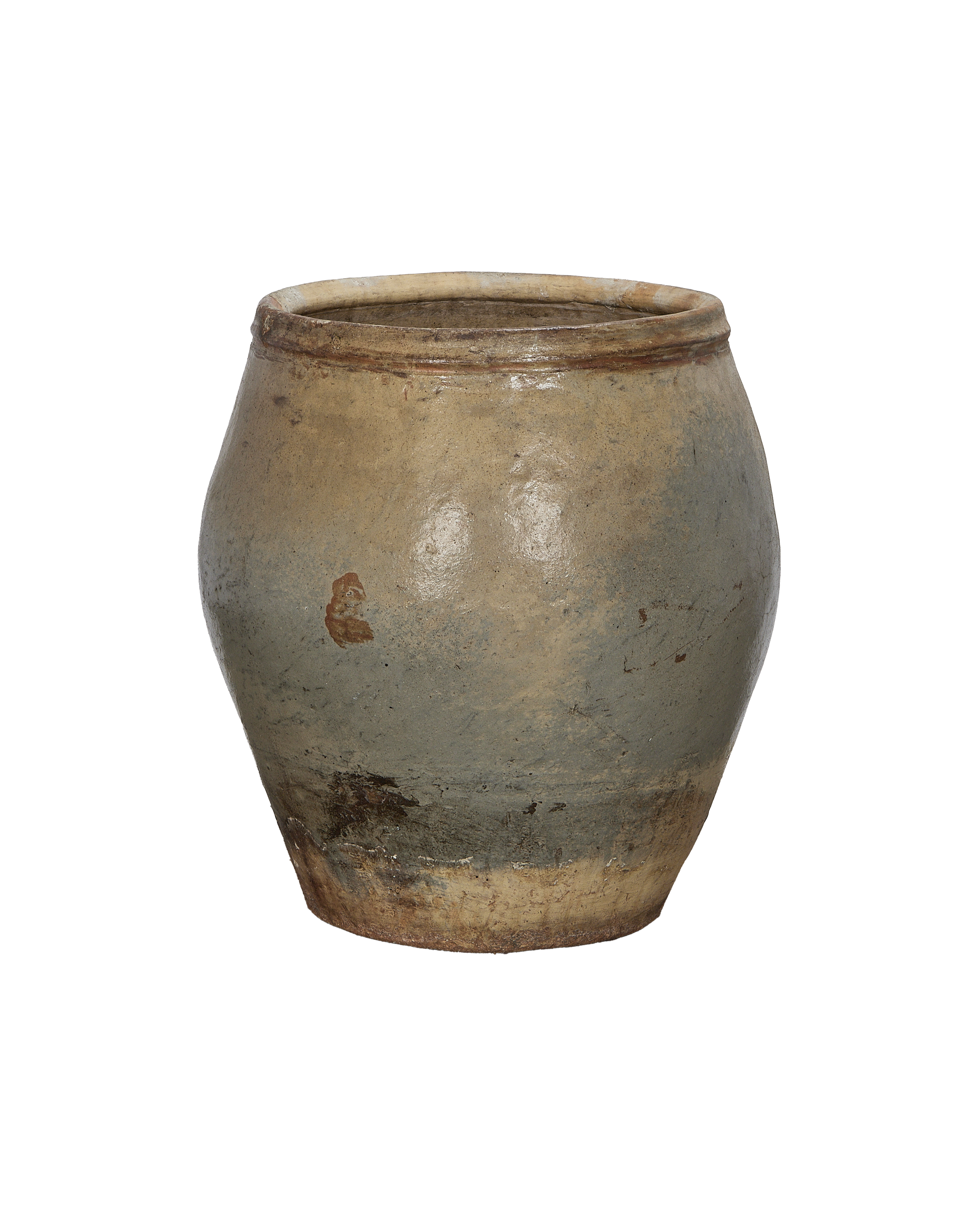 Vintage Chinese ceramic plum planter, close up showing distressed texture and aged patinad surface.