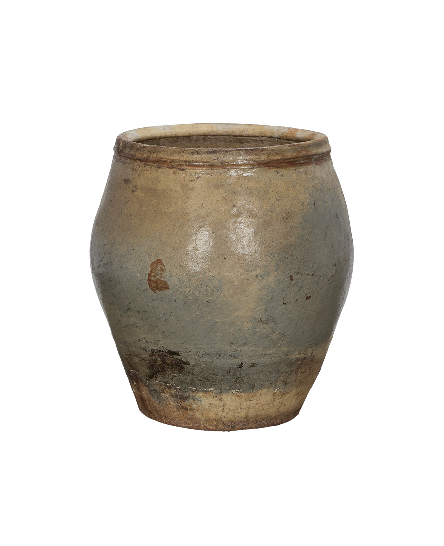 Vintage Chinese ceramic plum planter, close up showing distressed texture and aged patinad surface.