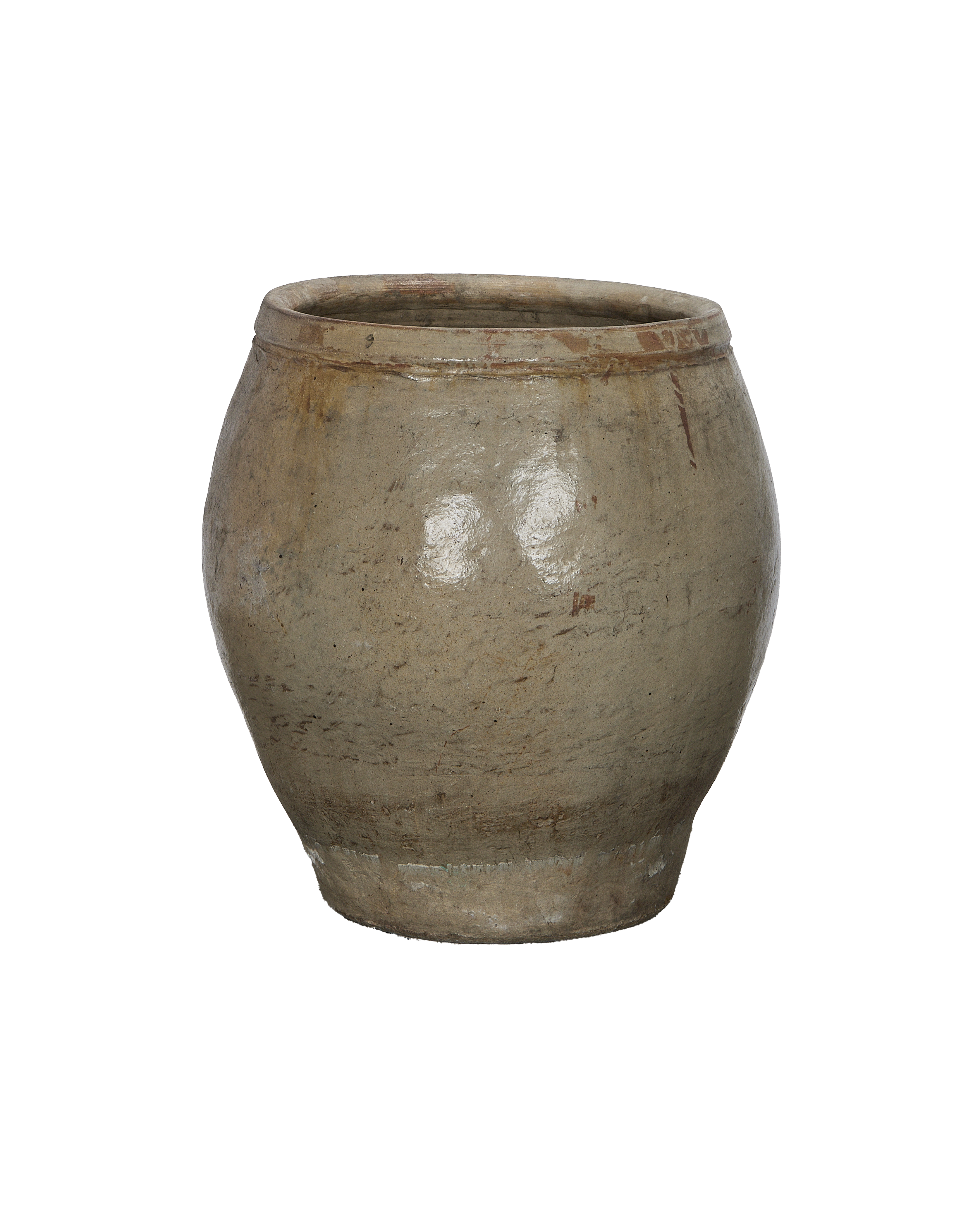 Vintage Chinese plum planter. Distressed, weathered gray-brown oak barrel, rustic antique condition.