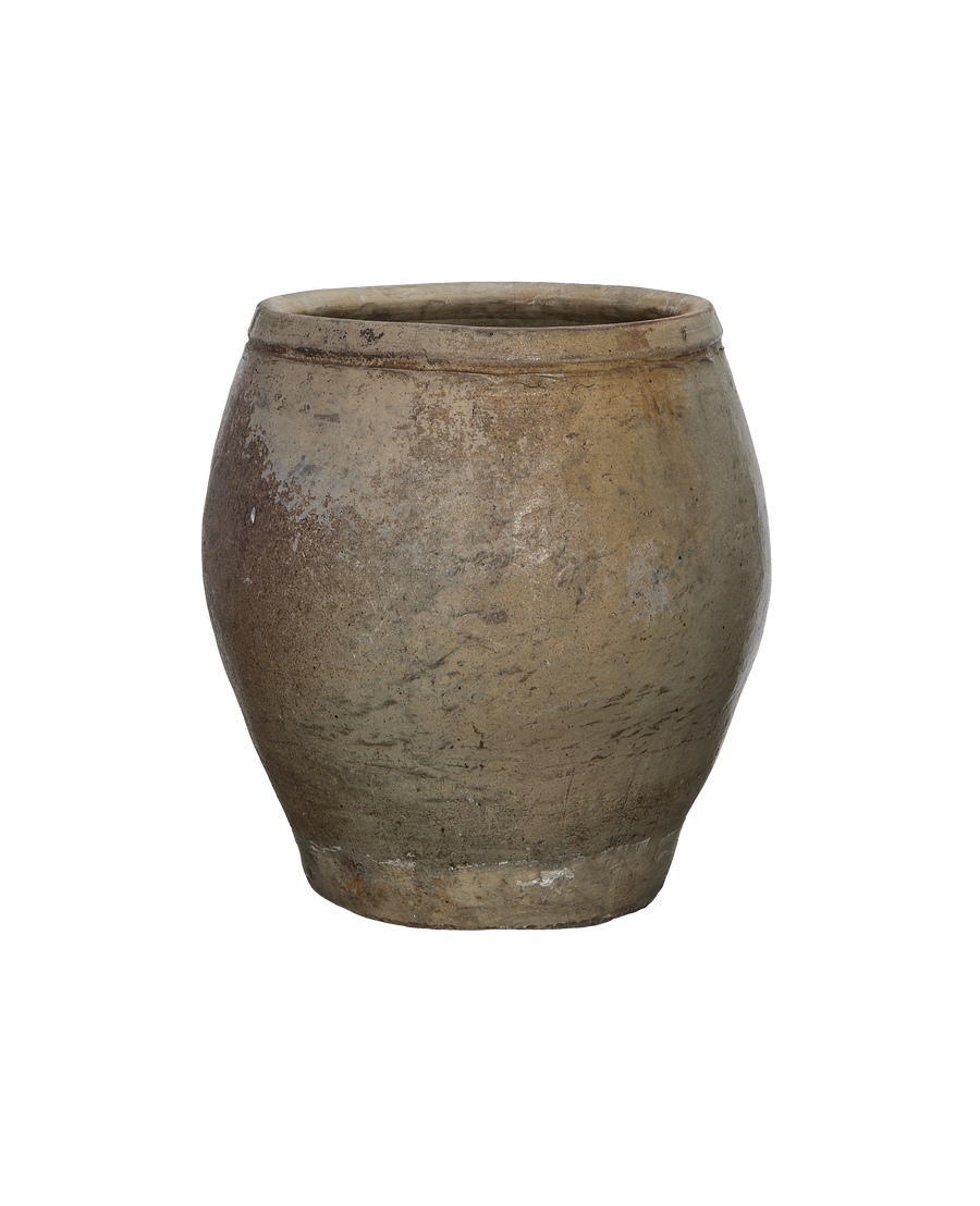 Vintage Chinese plum planter, oak-colored, with weathered texture and top rim detail.
