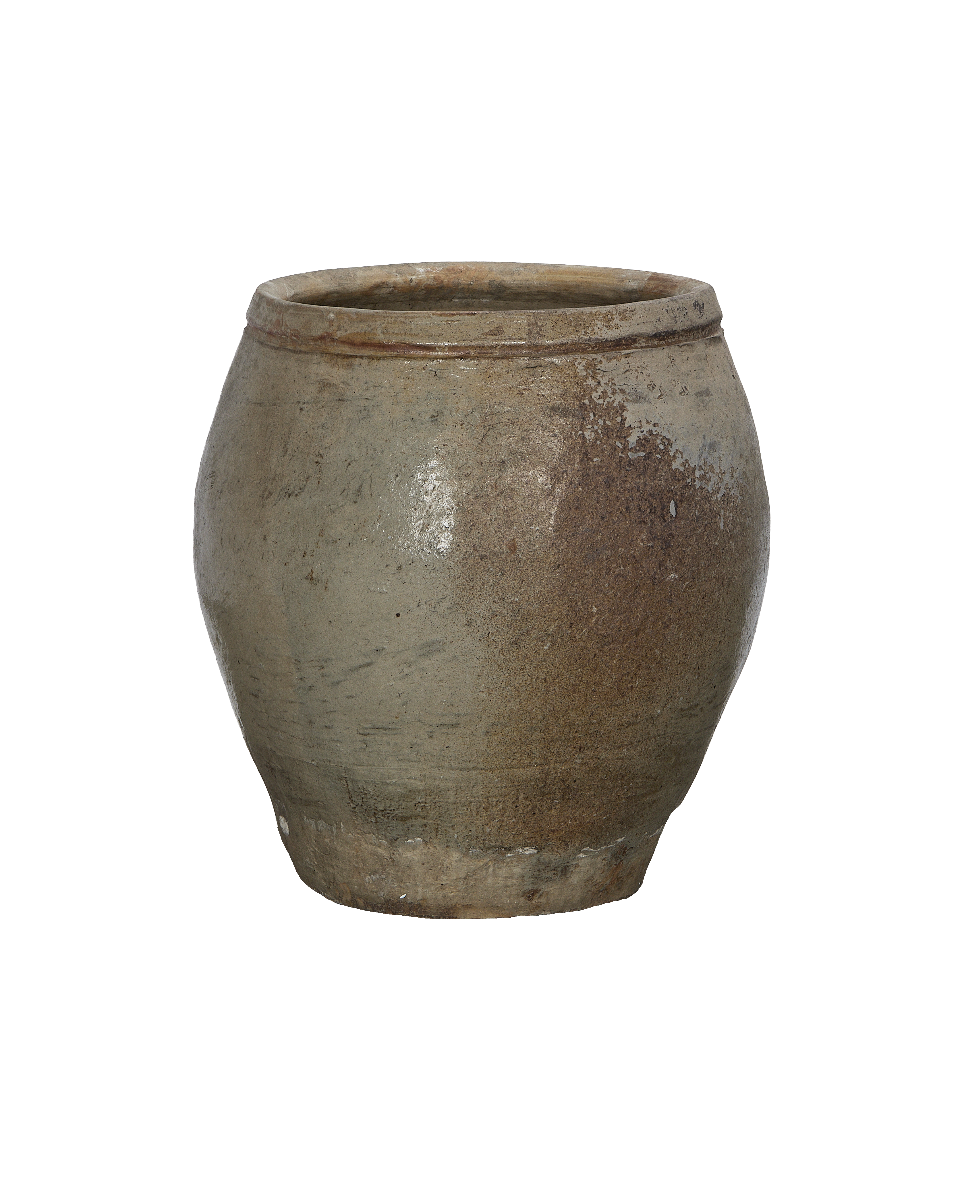 Vintage Chinese Plum Planter, OAK, showing textural variations on its weathered stoneware surface.
