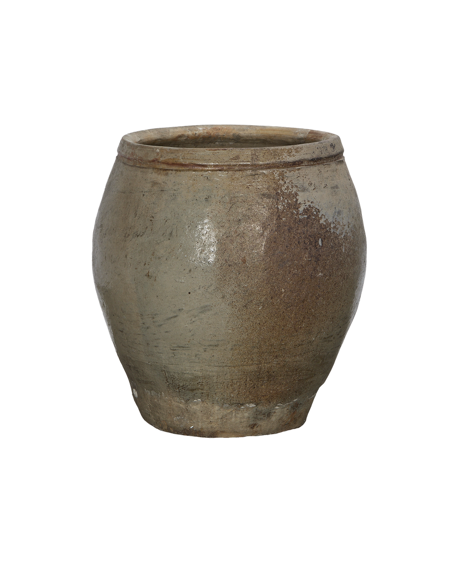 Vintage Chinese Plum Planter, OAK, showing textural variations on its weathered stoneware surface.
